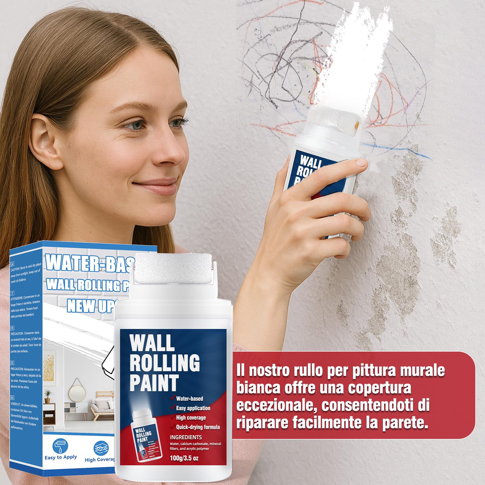 Rullo per Vernice Bianca, vernice bianca muro interno per la riparazione di pareti a base d'acqua ad asciugatura rapida, rullo per pittura bianca portatile per pareti, per macchie e graffi