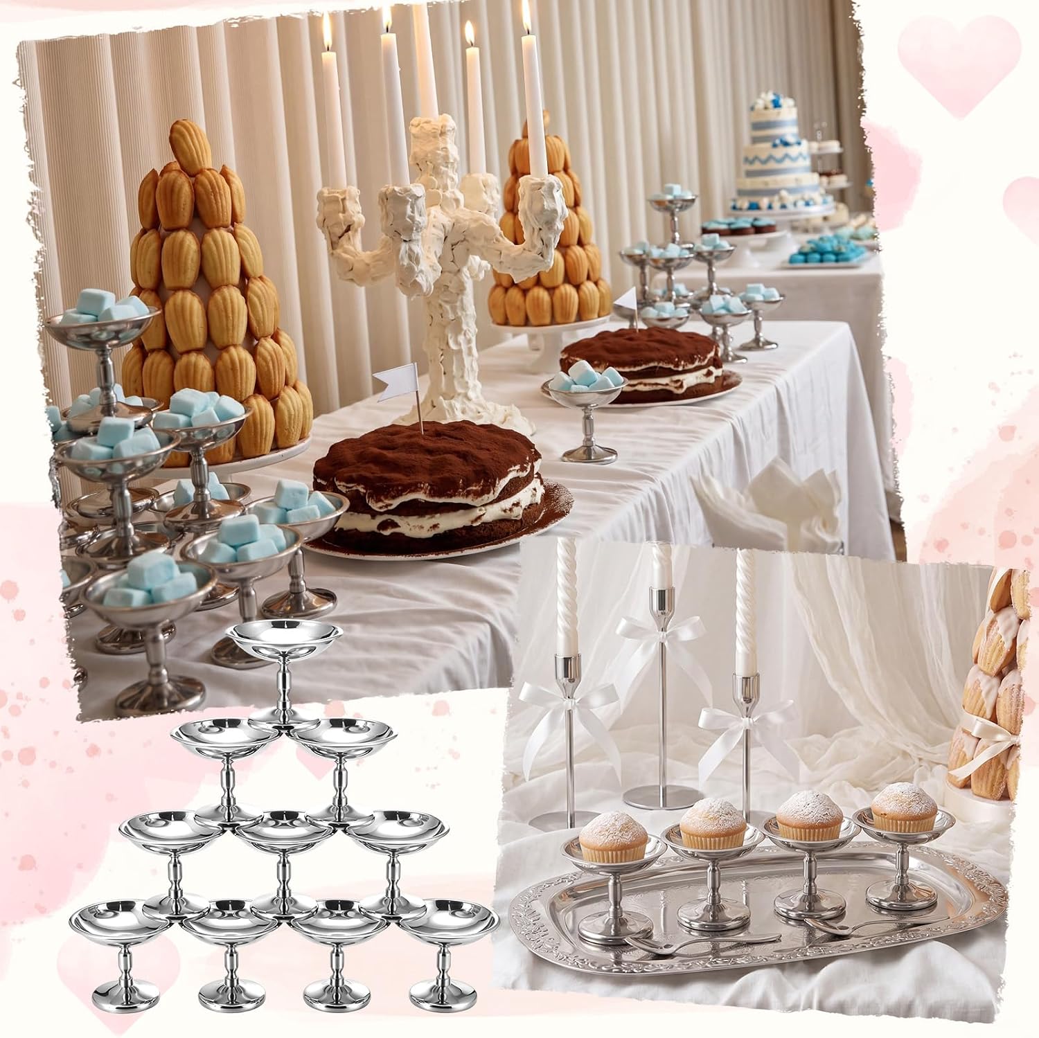12 Sets Stainless Steel Ice Cream Cups with Spoons Bulk Vintage Silver Footed Dessert Bowls Reusable Sundae Cups for Fruit Yogurt Pudding Wedding Birthday Party Supplies (Vintage Style)