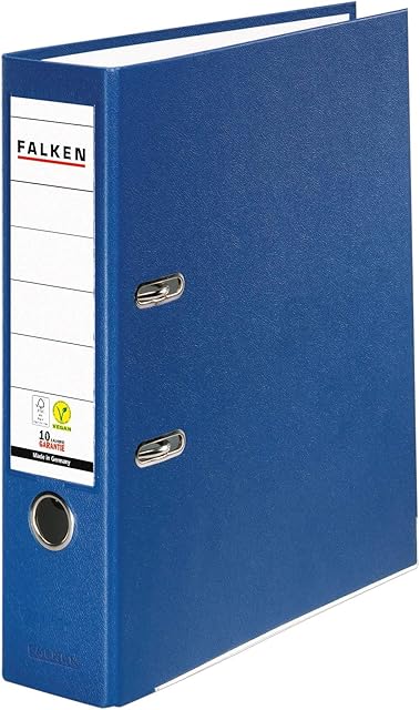 Falken Segregator PP-Color segregator biurowy z tworzywa sztucznego A4 szeroki 8 cm niebieski. Wyprodukowano w Niemczech. Segregator Wegański Vegan Segregator szczelinowy Segregator z mechanizmem