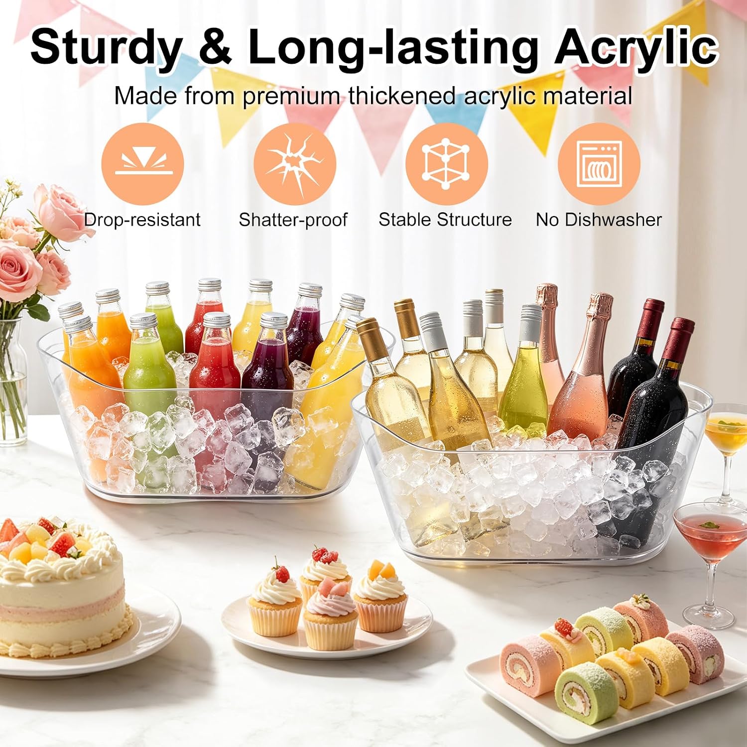 12L Ice Buckets for Parties, 2-Pack Clear Acrylic Beverage Tub with Scoop