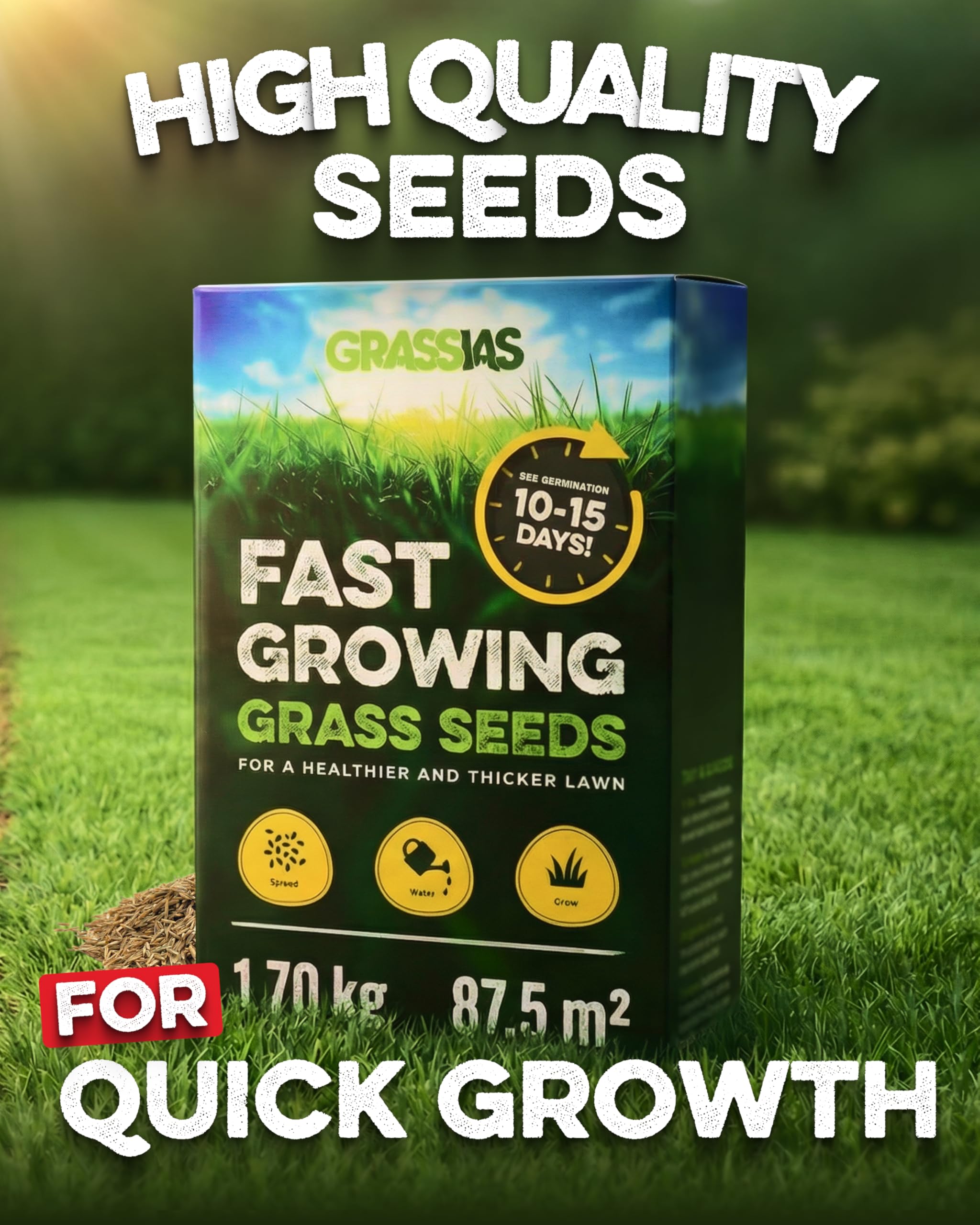 Grassias Fast Growing Grass Seed – 1.70KG Premium Quality Lawn Seed for Overseeding & New Lawns – Hard Wearing & Pet Friendly - Perfect for UK Lawns - Winter & Defra Approved — view 2
