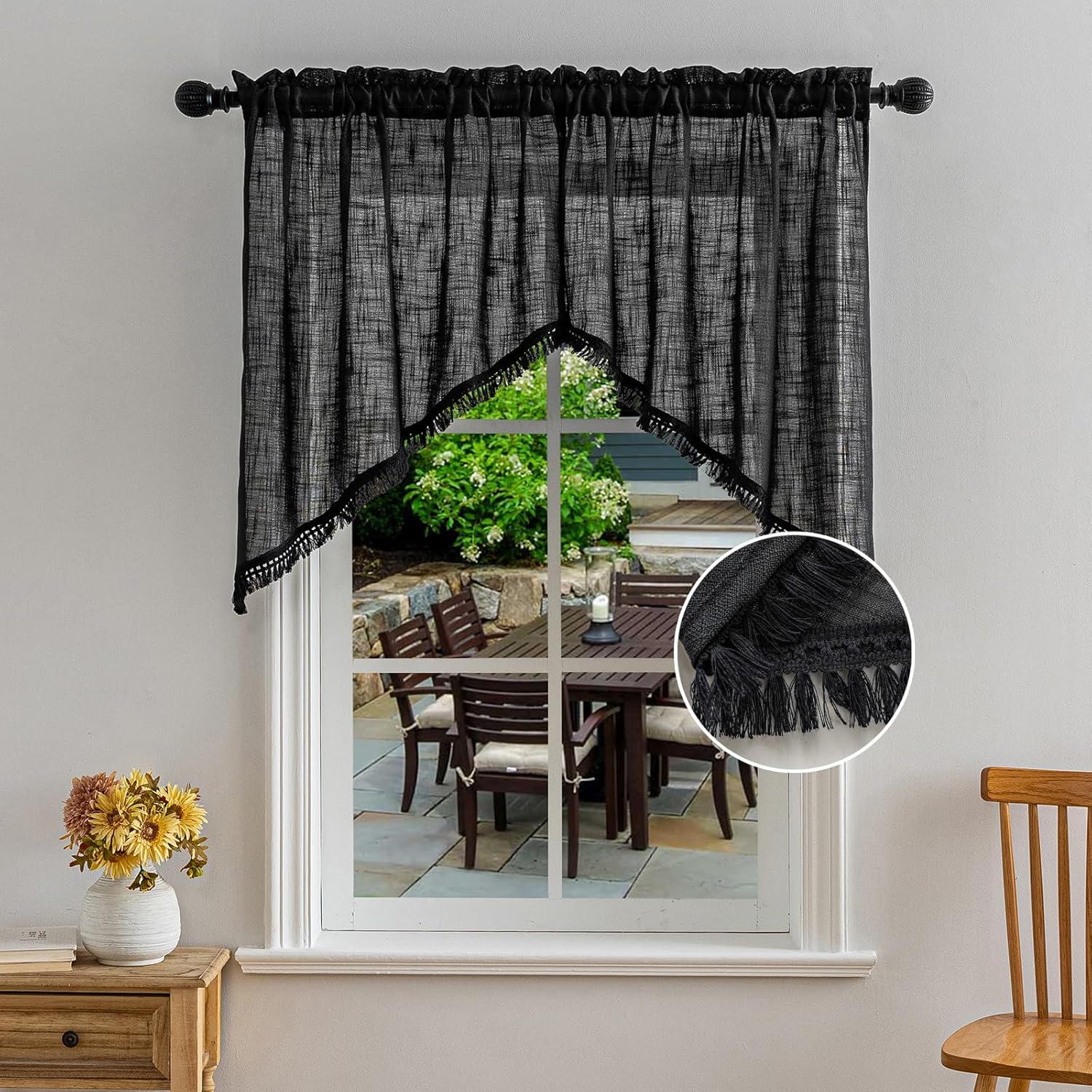 Beda Home Tassel Linen Textured Swag Curtain Valance for Farmhouses’ Kitchen; Light Filtering Rustic Short Swag Topper for Small Windows Bedroom Privacy Added Rod Pocket Design (Black 36x36-2PCs) Black 36"W x 36"L (Pack of 2)