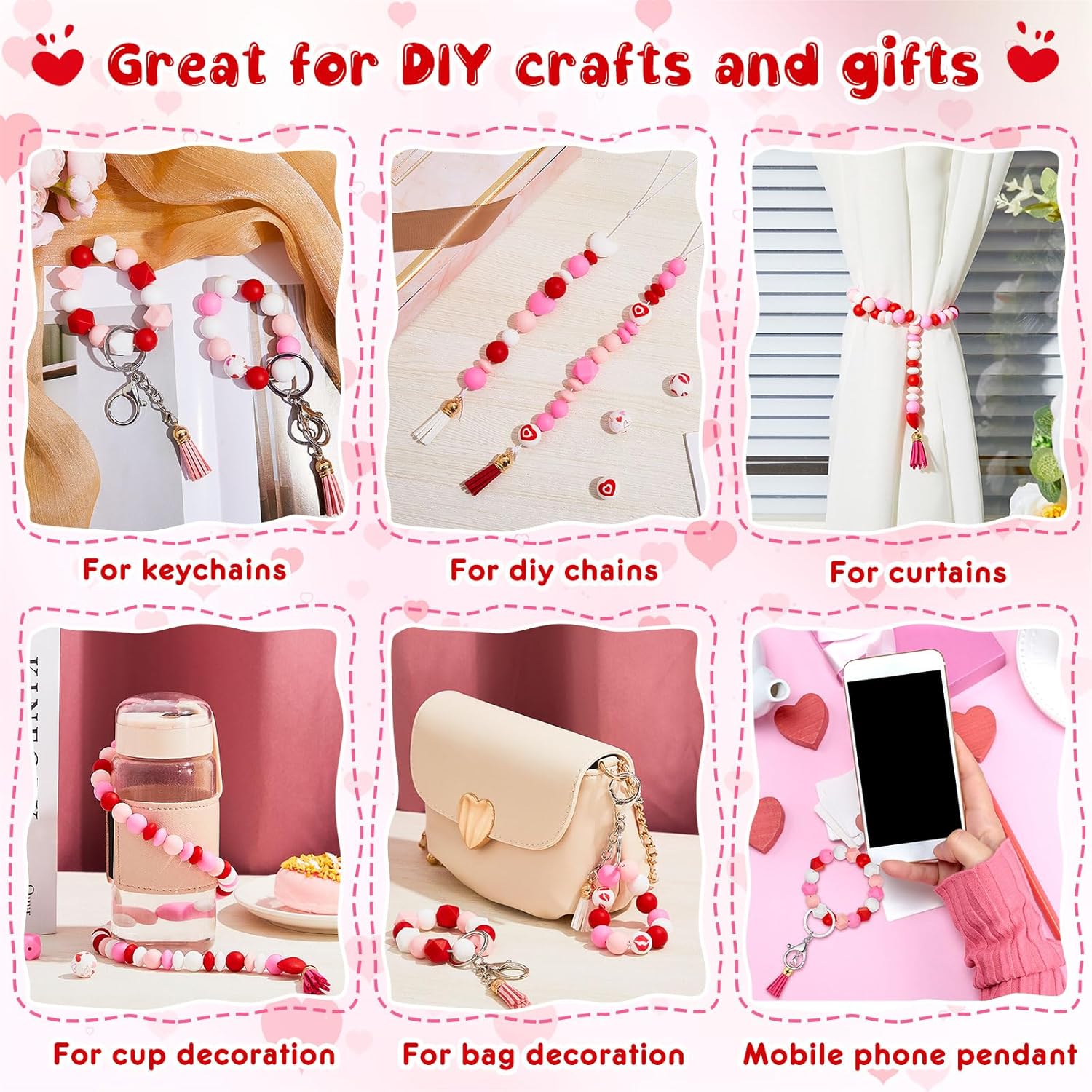 Hotop 150 Pcs Valentines's Day Silicone Beads Set Heart Shape Focal Round Hexagon Beads with Elastic Rope for Keychain Making Lanyards Pens Bracelet Jewelry Making DIY Crafts, 12/15mm - Image 5