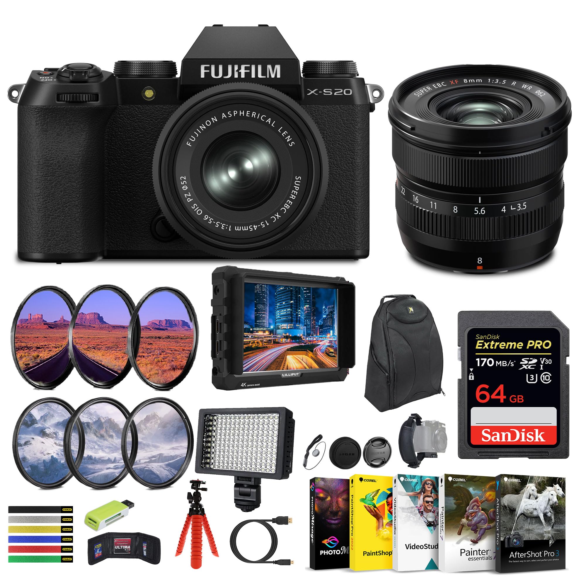 FUJIFILM X-S20 Mirrorless Camera with 8mm f/3.5 Lens & 4K Monitor Bundle