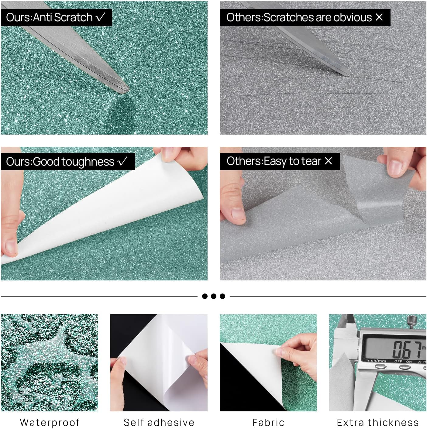 FunStick 15.8"x472" Light Teal Glitter Wallpaper Peel and Stick Sparkle Teal Wallpaper Removable Glitter Teal Contact Paper for Walls Cabinets Waterproof Self Adhesive Wall Paper Sticker for Bedroom