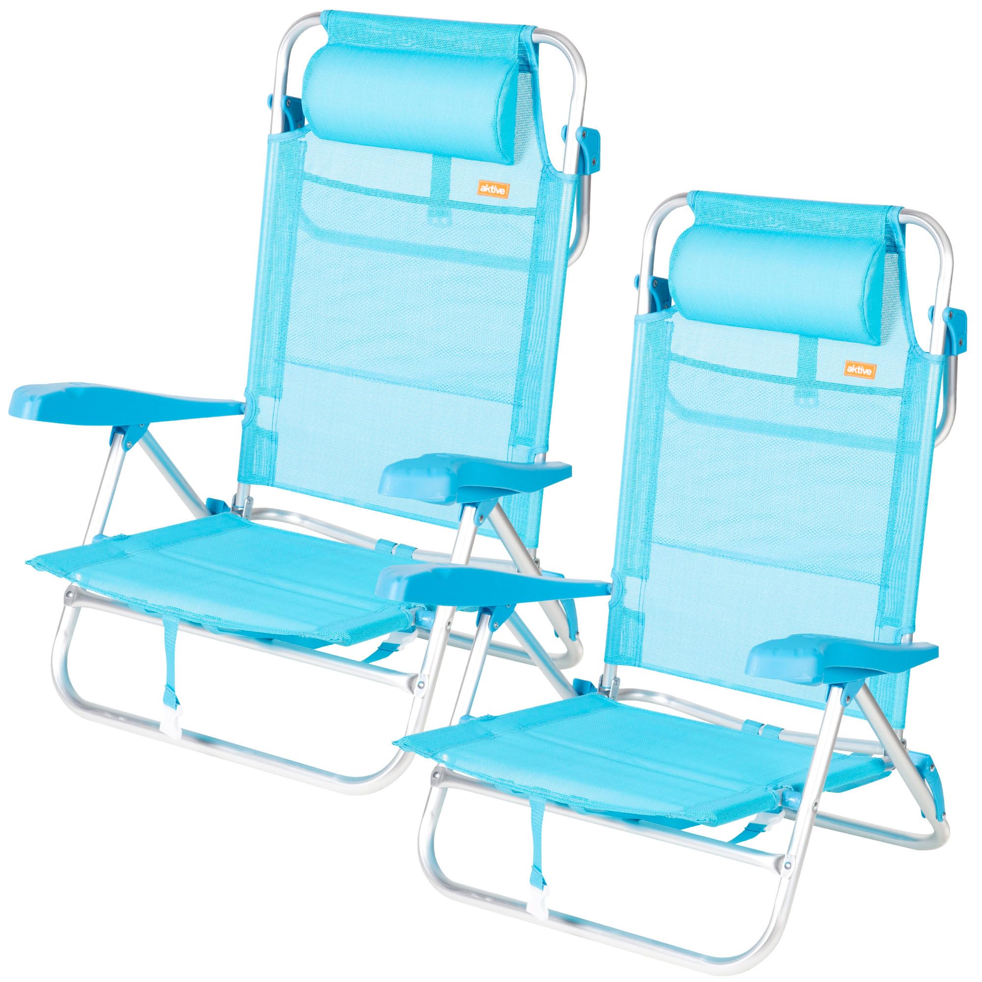 Chaise de plage multipositions bleue Aktive pliable avec repose-tête pour camping