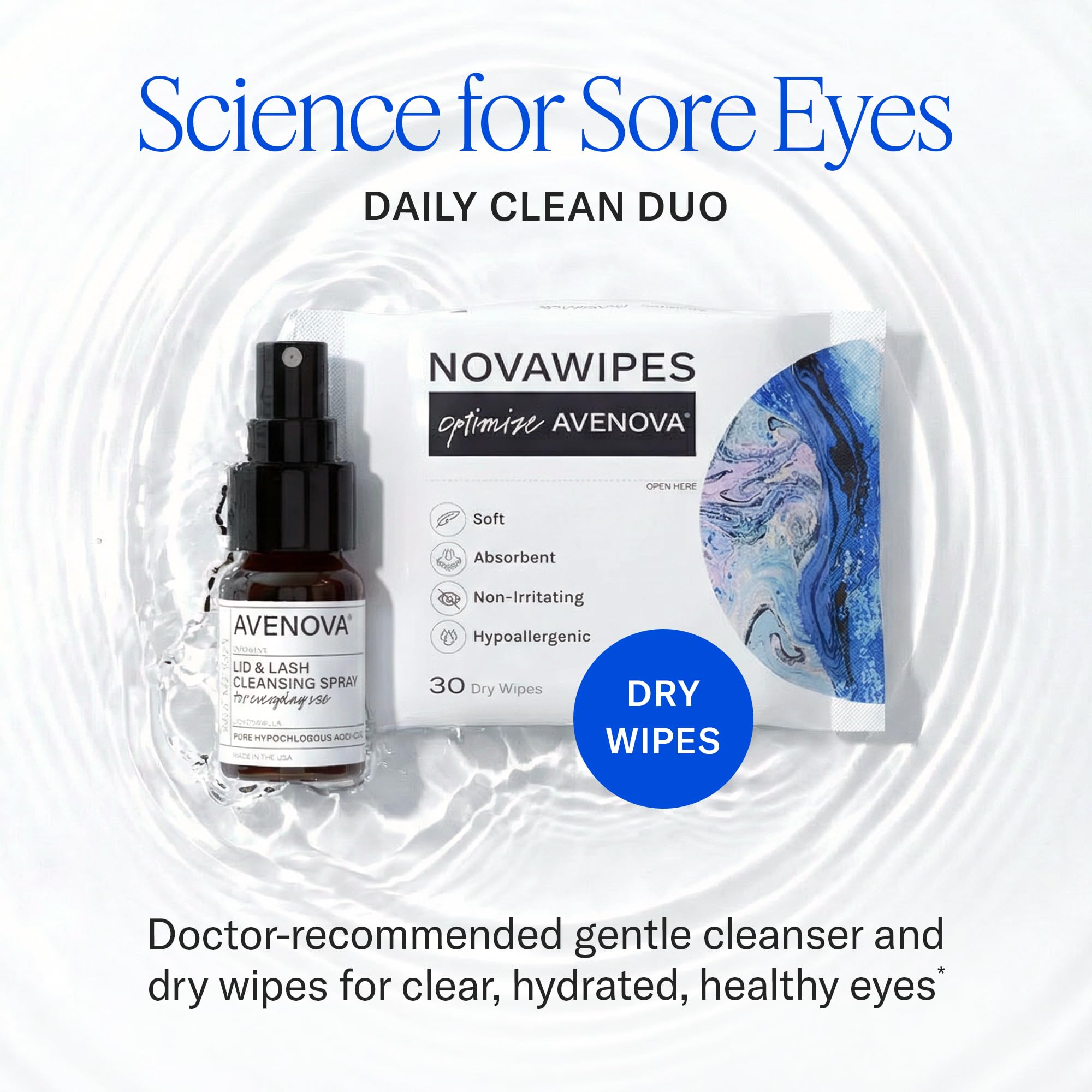 Avenova Spray limpiador de párpados y pestañas con toallitas secas, dúo de limpieza diaria con spray suave y puro ácido hipocloroso y toallitas para párpados para irritación ocular, botella de vidrio