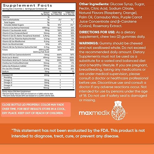 Miniatura 6 de maxmedix Gomitas multivitamínicas para niños con Omega 3 6 9 Suministro para 2 meses 20 vitaminas y minerales esenciales para niños para un