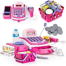 Prextex Grocery Store Pretend Play Electronic Toy Cash Register Set - STEM Cash Register for Kids with Microphone, Play Money, and Food Basket - Kids Checkout Toys with Scanner- Pink