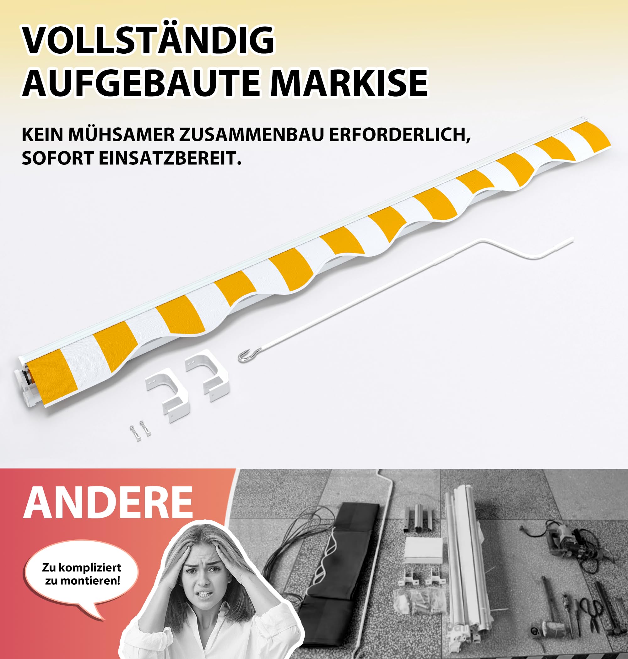 paramondo Gelenkarmmarkise Easy Balkonmarkise Sonnenschutz Terrasse, Vollständig zusammengebaut, Kurbelbedienung, 2,95 x 2 m (Breite x Ausfall), Blockstreifen Gelb-Weiß