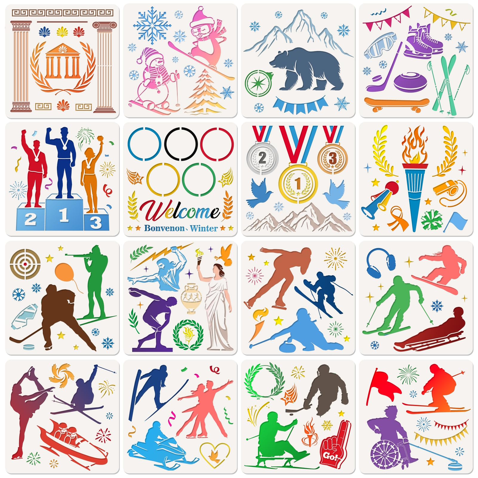 DPKOW 16 x Winter Sports Stencils for Painting Crafts, Stencils Templates Drawing Winter Sports DIY Scrapbooking on Wood/Canvas/Wall/Face/Paper, Snow Ice Snowflake Medals Torch Flag Skiing Skating — image 1