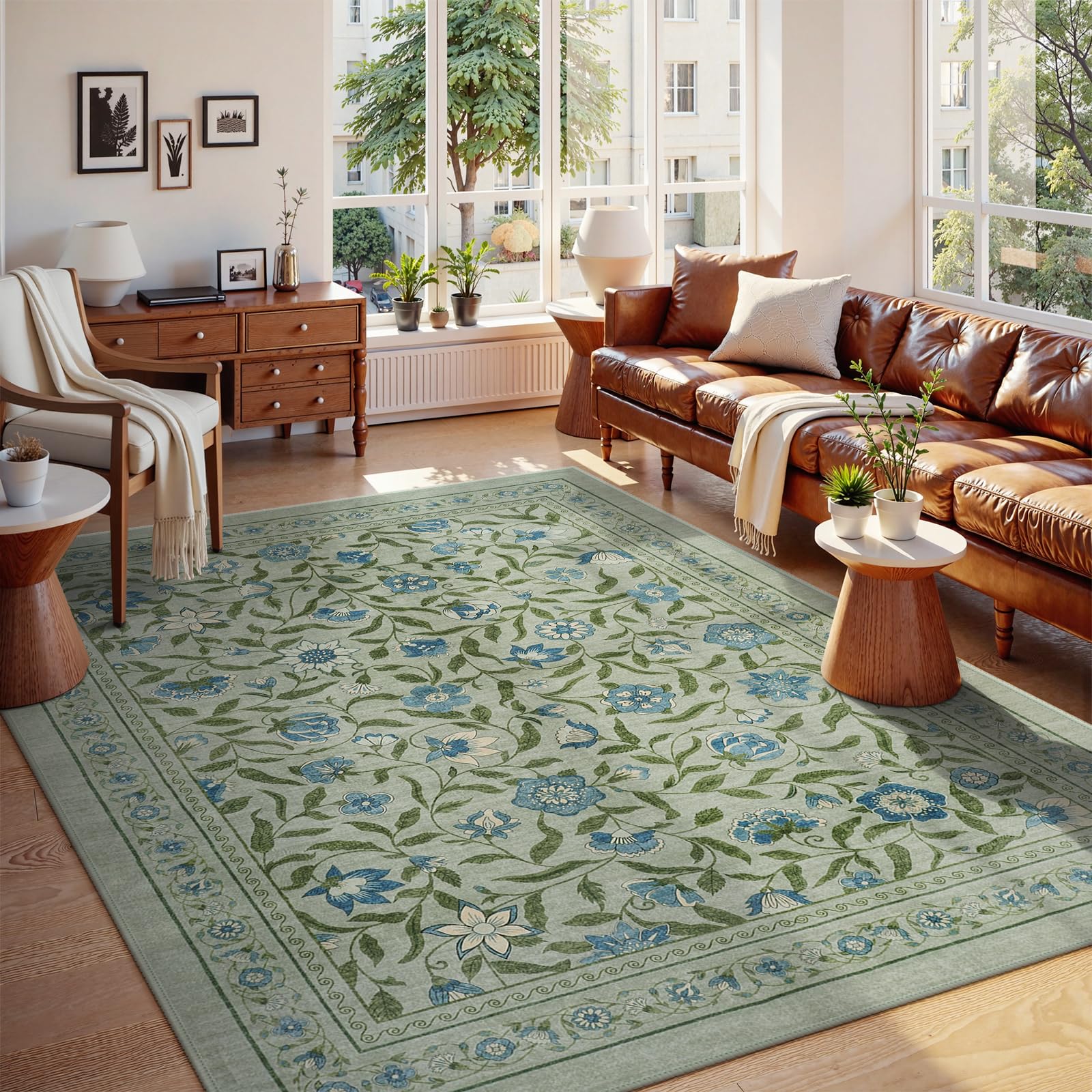 Collive 8x10 Area Rugs for Living Room, Green Washable Boho Floral Rug for Bedroom Vintage Soft Dining Room Carpets, Large Modern Indoor Mat Non Slip Ultra Thin Carpet for Kids Playroom