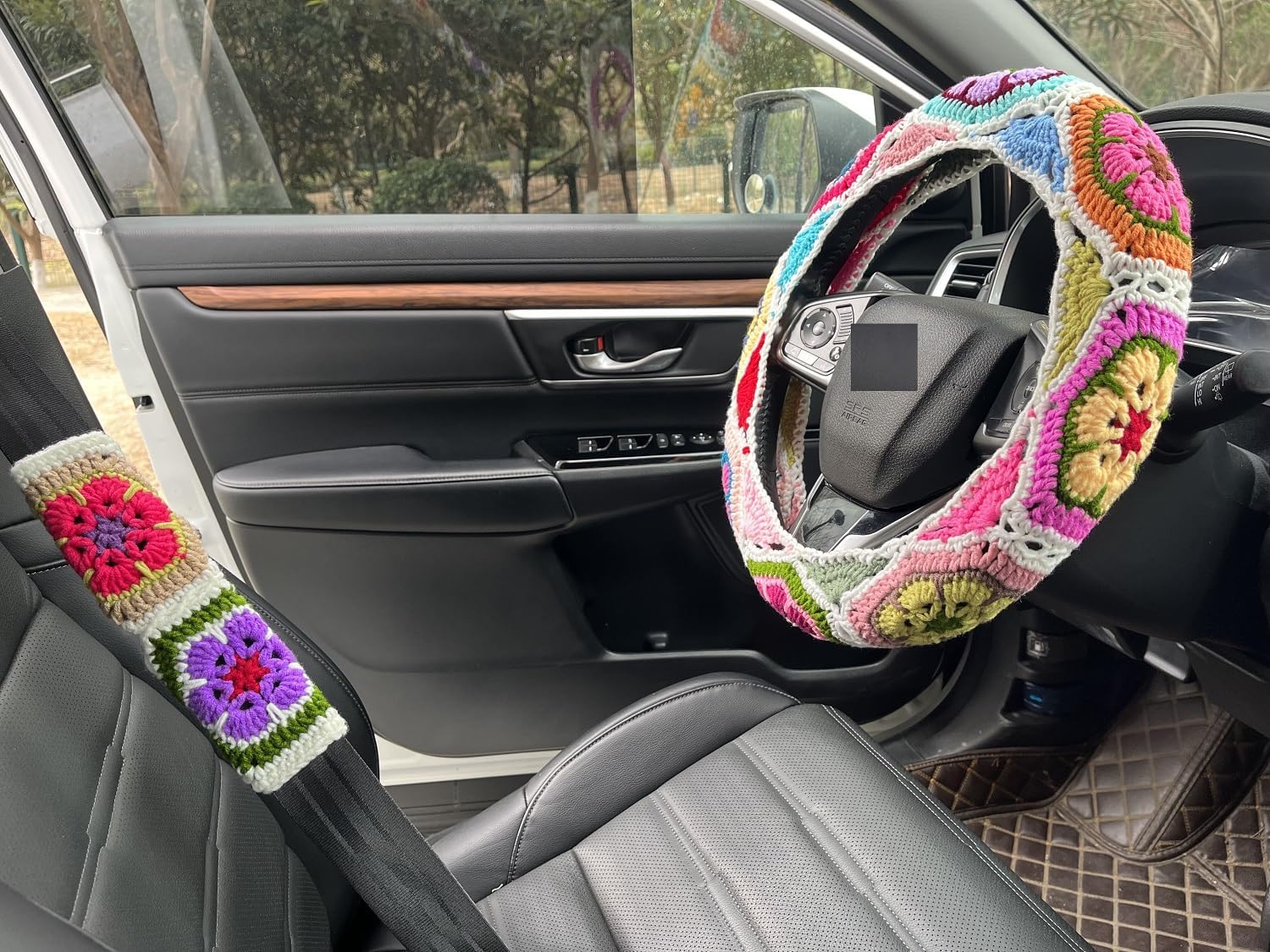 Crochet Galsang Flower Car Steering Wheel Covers,Car Interior Accessories Decorations (B,Steering Wheel Cover+2 Belt Cover) - Image 4
