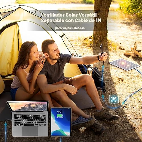 Miniatura 7 de Ventilador de camping portátil con linterna LED, ventilador de tienda de campaña recargable de 9 pulgadas, viento silencioso y fuerte, gancho para