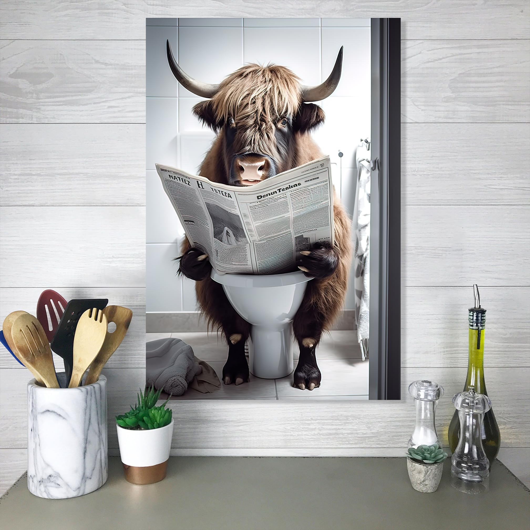 LZIMU Bathroom Highland Cow Wall Art Brown Cattle Sitting on Toilet Reading Newspaper Canvas Prints Funny Animals Posters Home Decor Framed (Bathroom-3 - Image 2