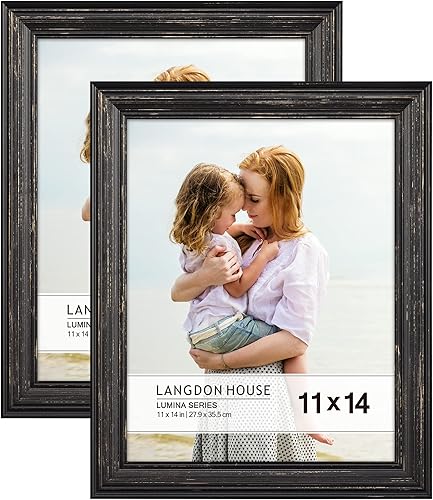 Langdon House Lumina Collection - Marcos de fotos de madera real de 11 x 14 pulgadas (detalles dorados de madera de granero negro, detalles dorados,