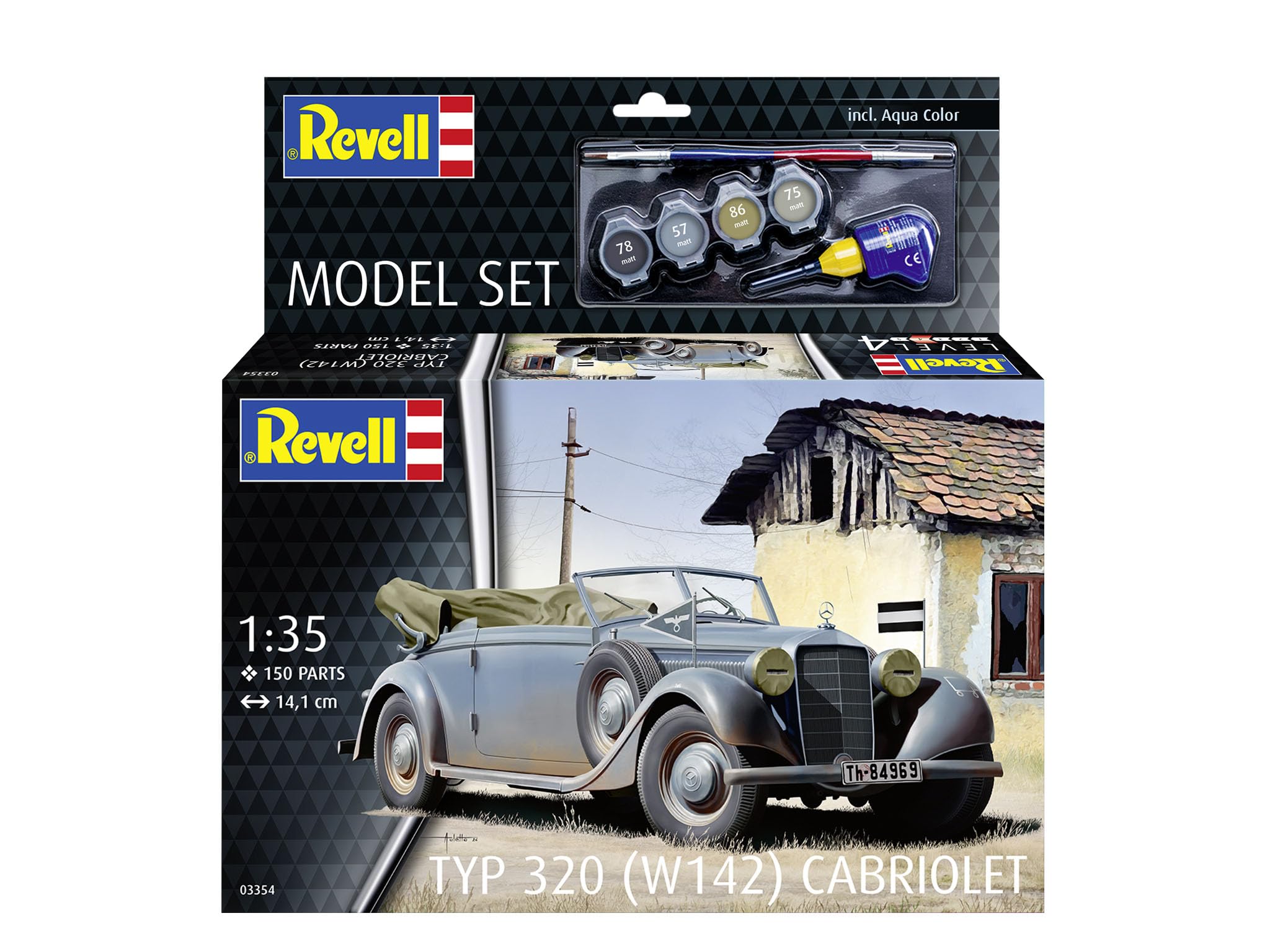 Revell Model Kit Type 320 (W142) Cabriolet, niemiecki luksusowy model pojazdu, szczegółowe podwozie, precyzyjny silnik, autentyczne wersje Wehrmachtu, tworzenie modeli DIY, zawiera klej i pędzel