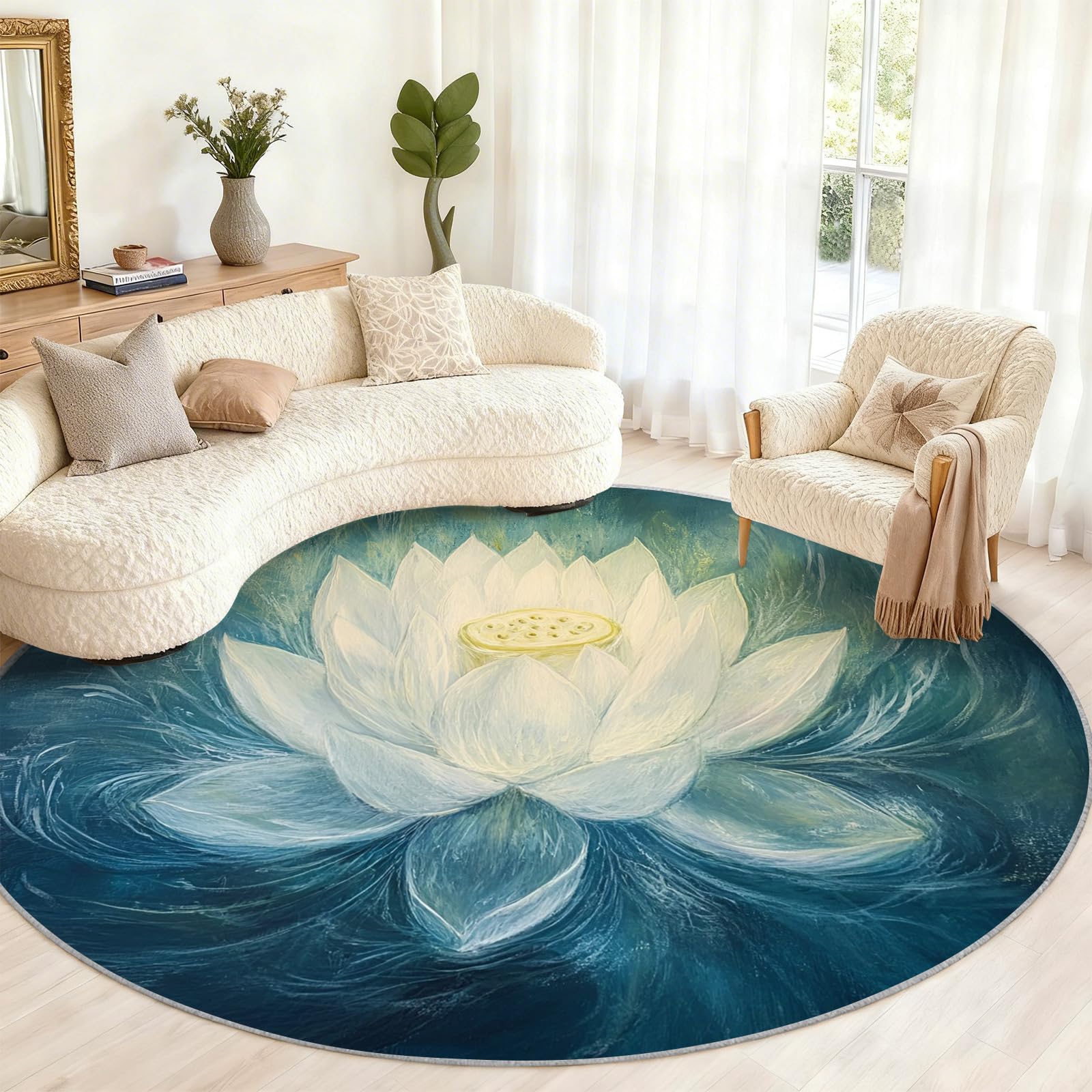 Tapis rond pour salon lavable antidérapant chambre motif lys 1,2m