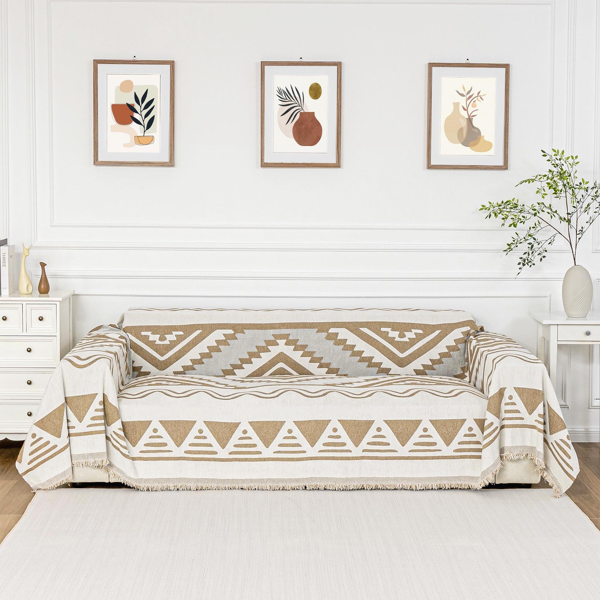 MYSKY HOME Boho Couch Cover for Dogs Washable Khaki Rhombic Couch Sofa Protector for Loveseat Sofa with Pets Friendly Chenille Geometric Sofa Covers