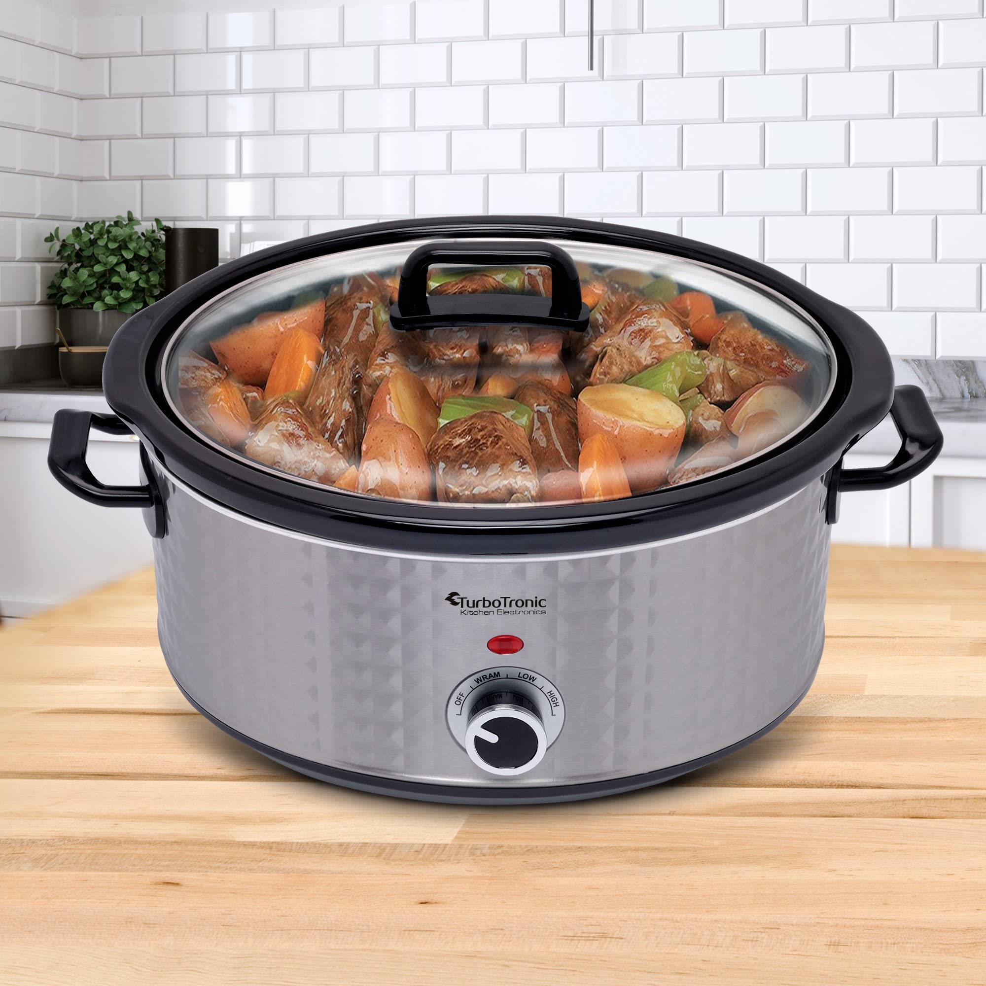 TurboTronic Slow Cooker 6,5L, silber Edelstahl, Schongarer mit Warmhaltefunktion, Dampfgarer, Schmortopf, Gartopf, Sous Vide Garer, retro Rautenmuster