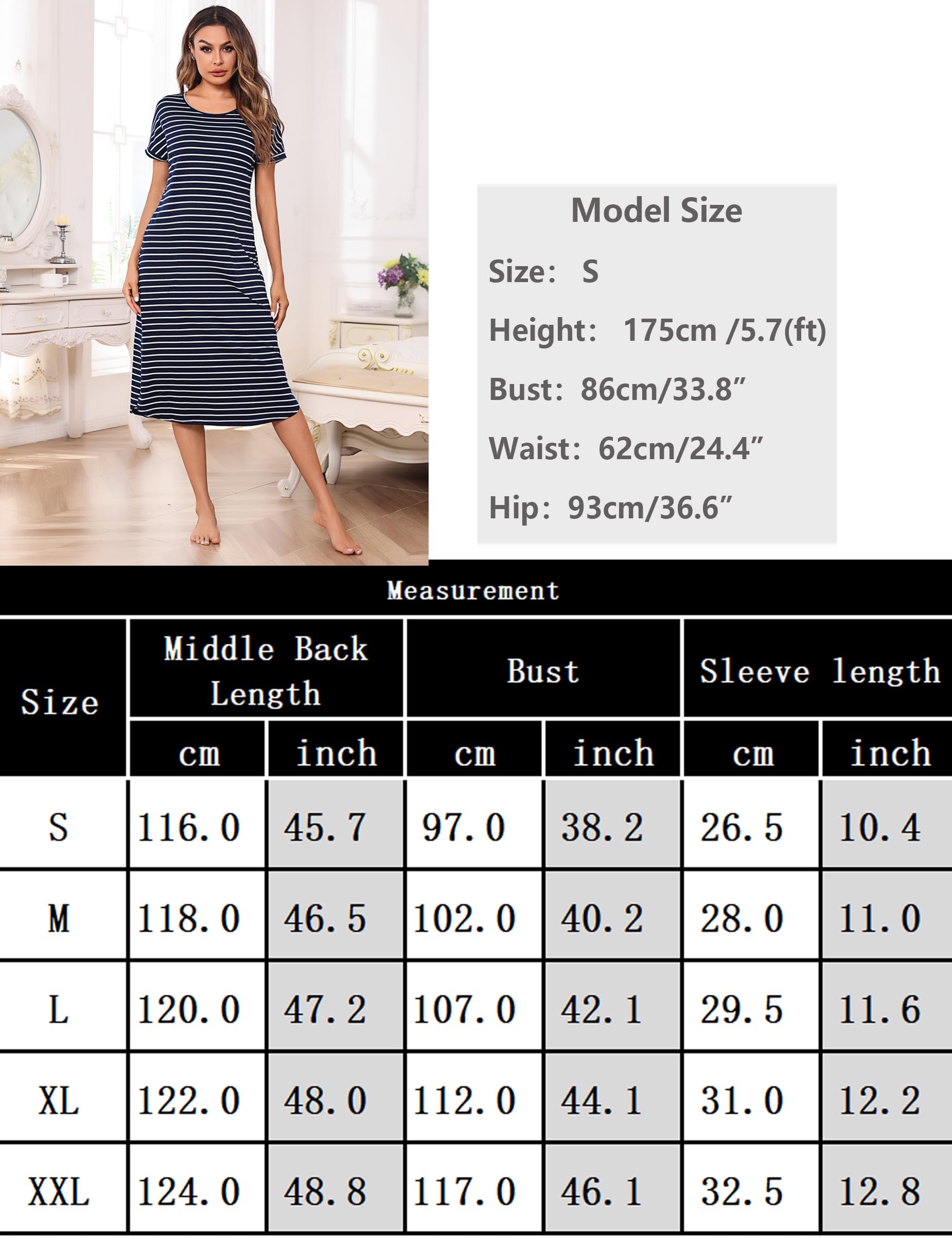 Litherday Damska koszula nocna długa bawełniana letnia z kieszeniami koszulka do spania w paski z krótkim rękawem miękka wygodna i chłodna do domu i spania plus size S-XXL