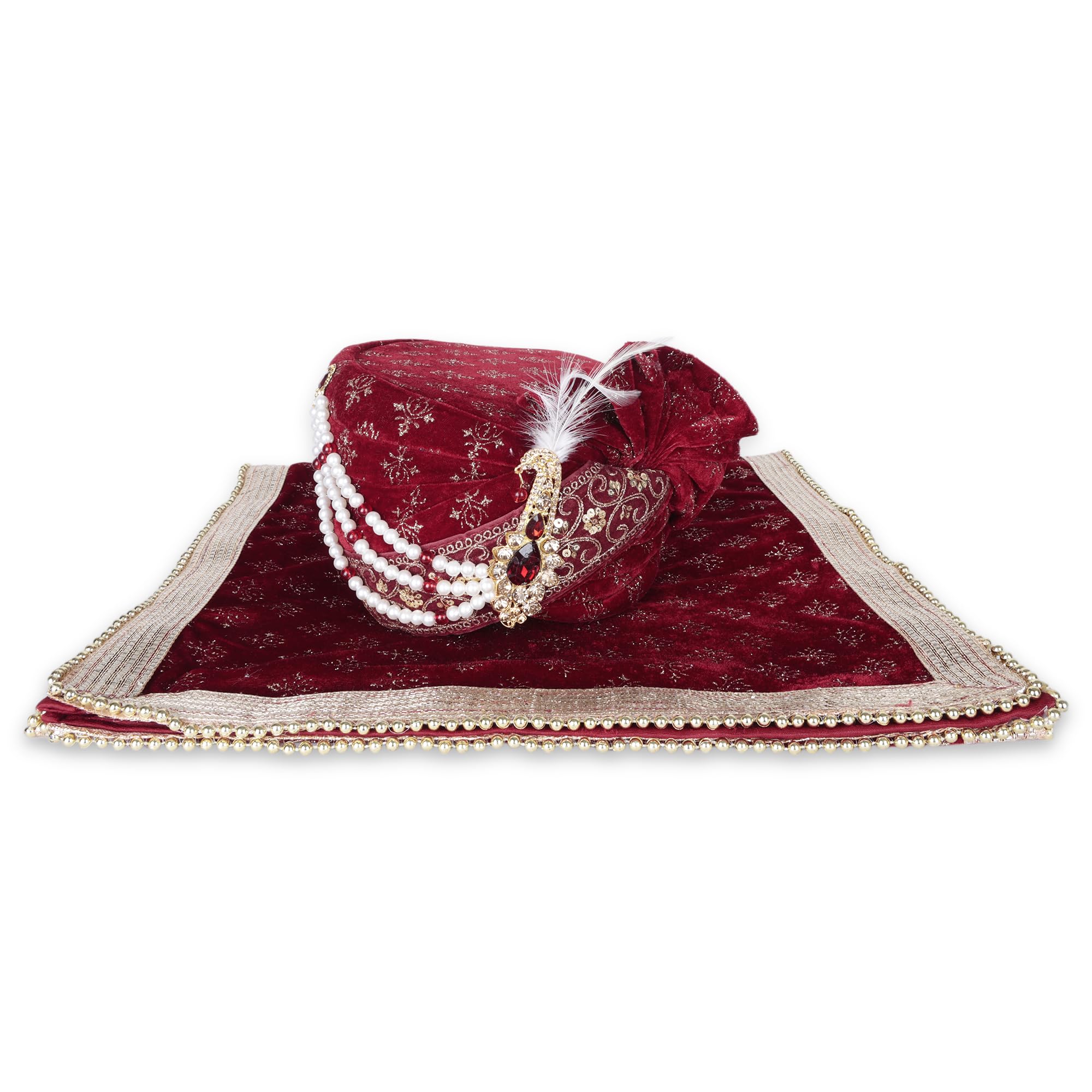 Men Cotton Blend Printed Groom's Safa Shawl Stole Set, Wedding Safa/Turban with Stole, Embroidered Turban Sehra with Stall (Red)-image-48