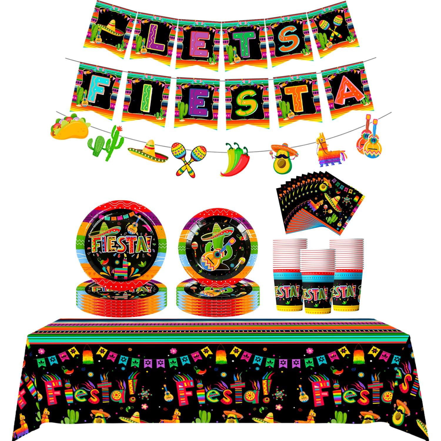 Mexican Party Decorations Supplies - Serves 20 Cinco De Mayo Plates and Napkins Sets Includes Cinco De Mayo Plates Napkins Cups and Mexian Fiesta Banner Bunting etc Fiesta Party Decor.