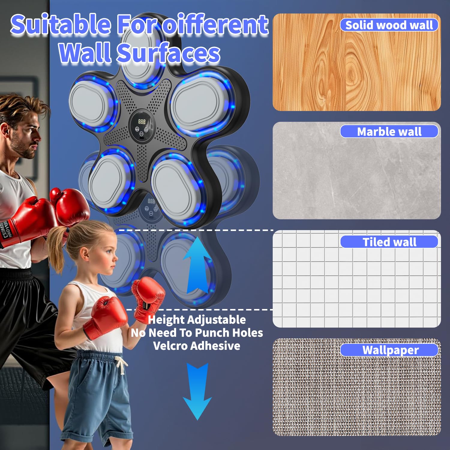 Máquina de Boxeo Musical para Adultos niños, Pared montada electrónica música máquina de Boxeo con Guantes de Boxeo, 9 Modos de Entrenamiento de Objetivos de Boxeo para el Gimnasio en casa