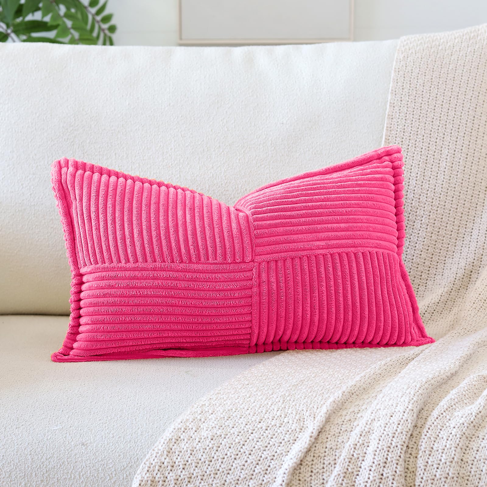 Striped Corduroy Cushion Covers with Splicing Super Soft Boho Pillow Covers Broadside Decorative Textured Throw Pillows for Couch Sofa Bed Living Room 30x50cm, Hot Pink