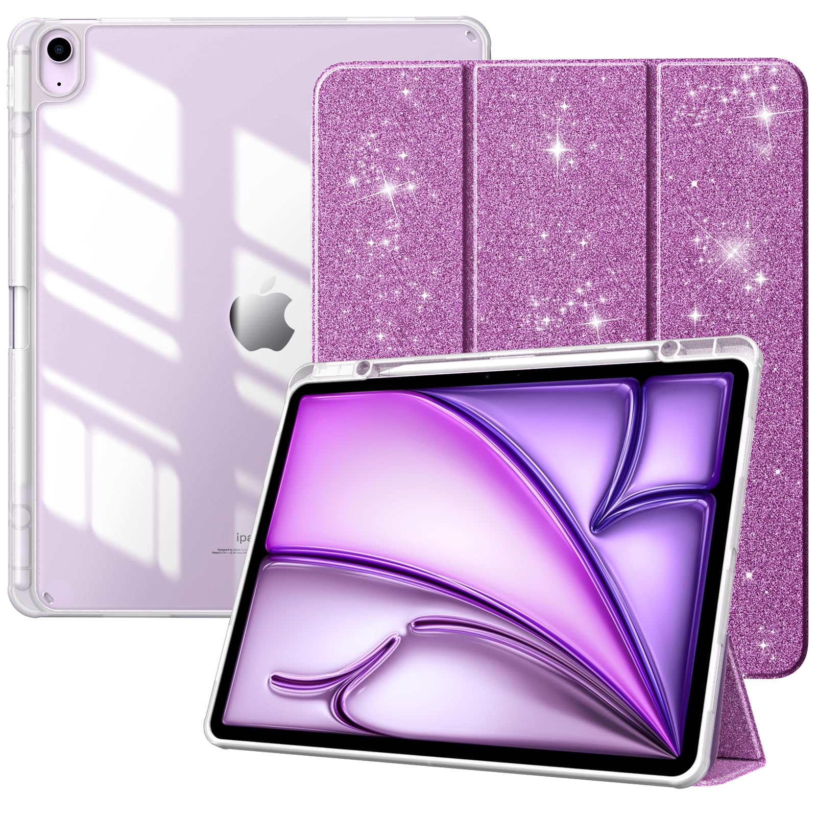 TiMOVO Hülle für New iPad Air 13 Zoll (M4/M3/M2-2026/2025/2024), Schutzhülle mit Stifthalter, Schlank Ständer Schutzhülle mit Klarer Transparent Rückseite, Auto Schlaf/Aufwach, Glitter Violett