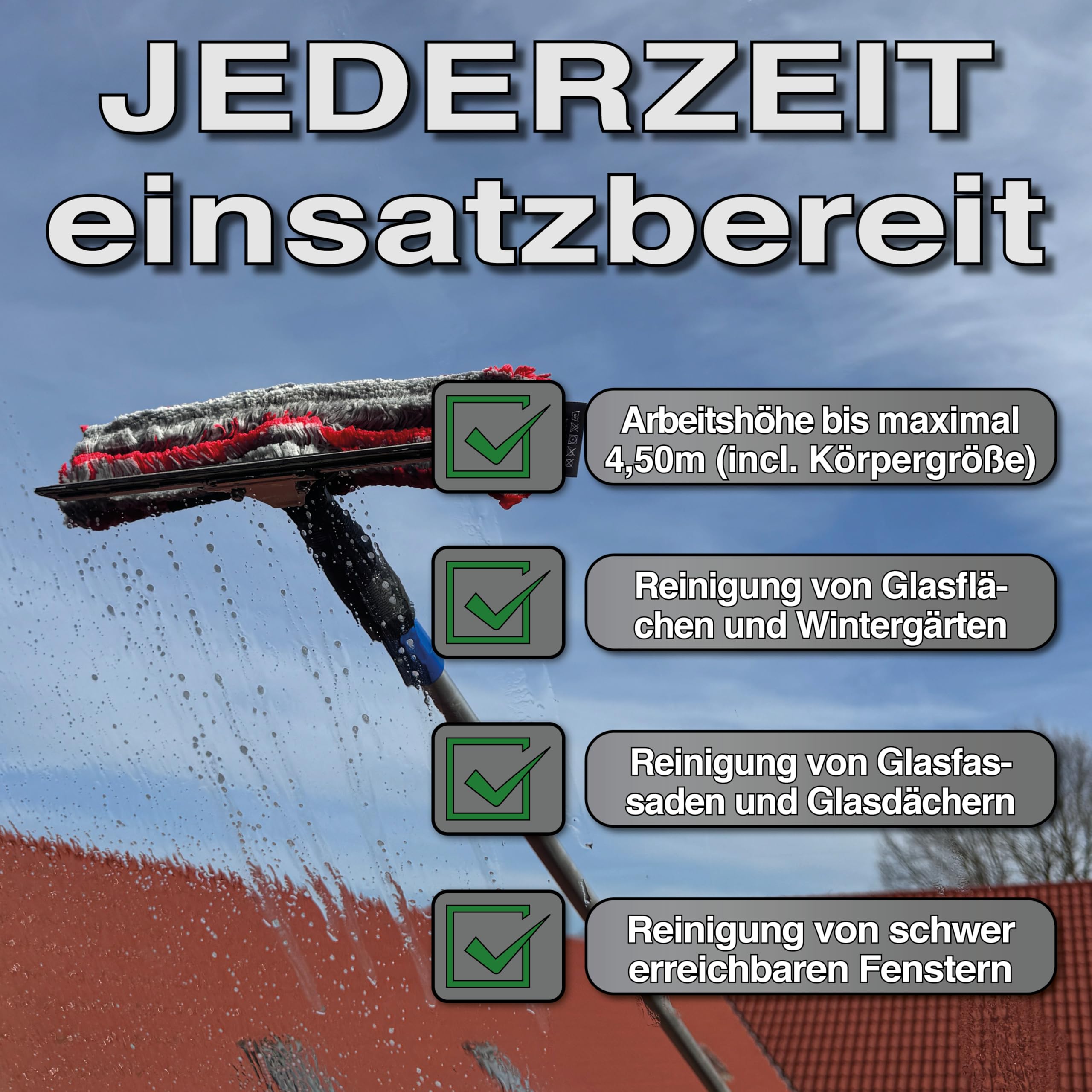 FenWi 3m Teleskop Fensterputzer Profi Set mit 25/30cm Kombi Einwascher/Abzieher, Gummilippe, Kombi Fensterwischer und 300cm Alu Teleskopstange für Wintergarten Fenster und Solaranlagen Reinigung