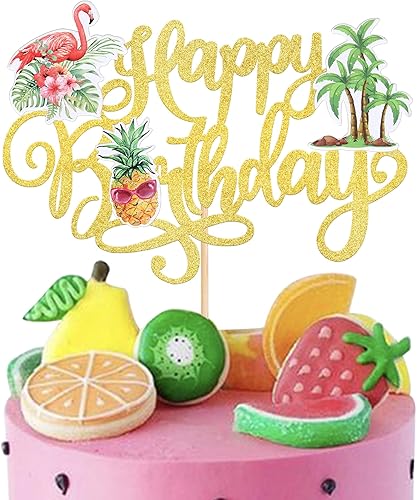 1 paquete de decoración de pastel de feliz cumpleaños con purpurina flamenco y hojas de piña, decoración tropical hawaiana para pastel Luau para