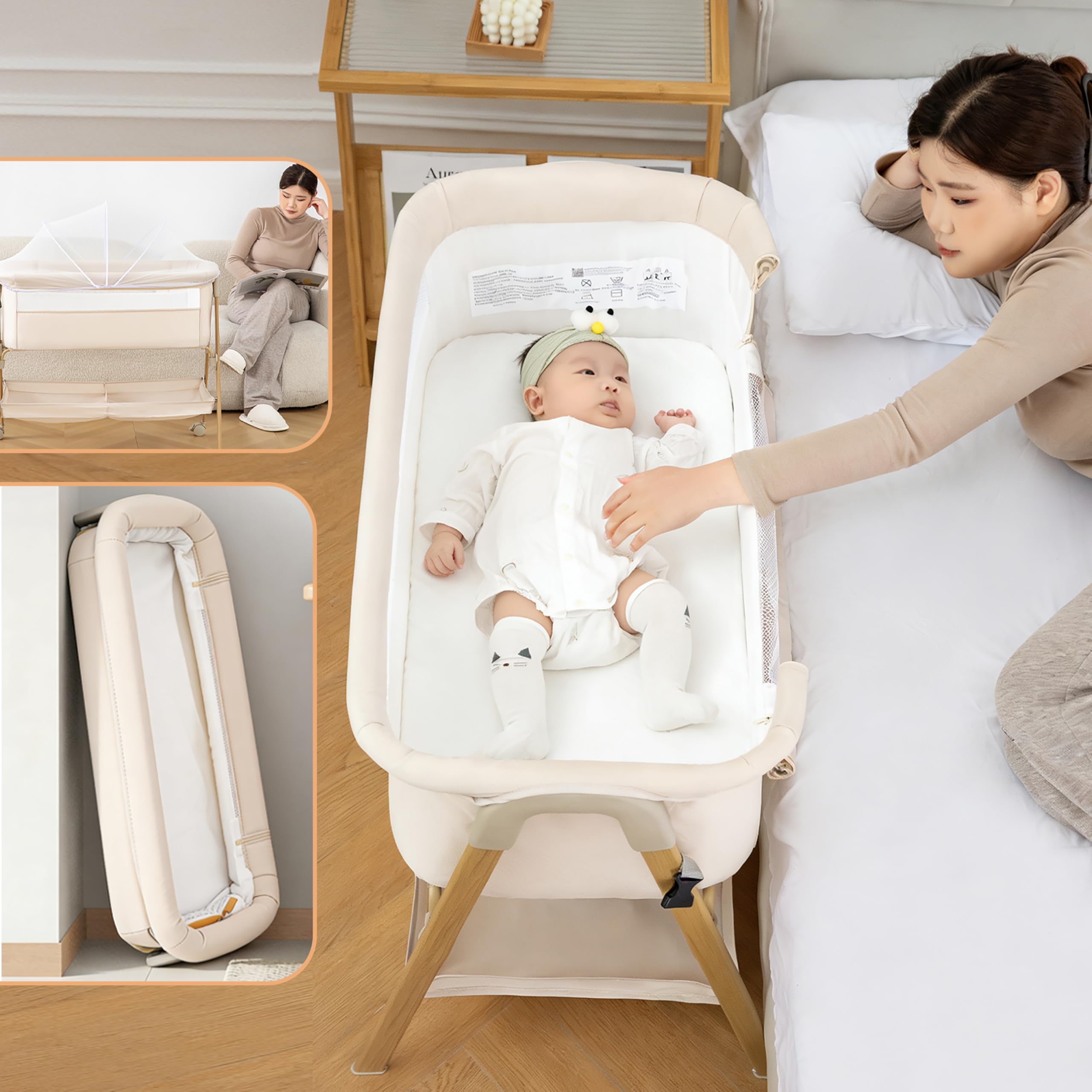 Culla 2 In 1-Culla Next To Me E Culla Neonato Indipendente Con Materasso, Zanzariera, Borza, Ruote Bloccabili E Cinghie-Culla Evolutiva Per 0-6 Mesi/Fino A 9 Kg-Effetto Legno