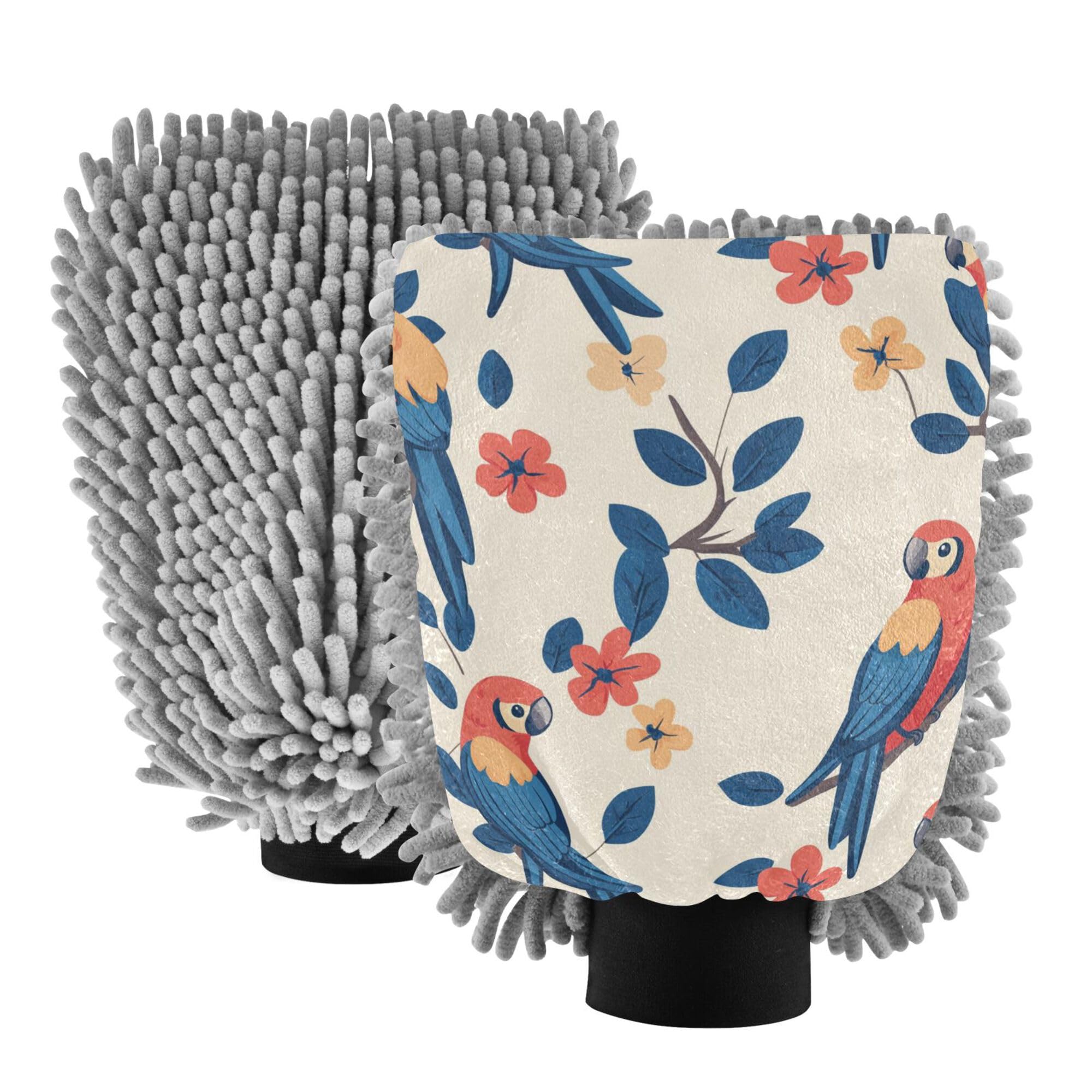 Cartoon Funny Macaw Neutral Wash Mitt Microfiber 2 Pack Car Washing Glove Scratch Free Detailing Sponge for Auto Cleaning