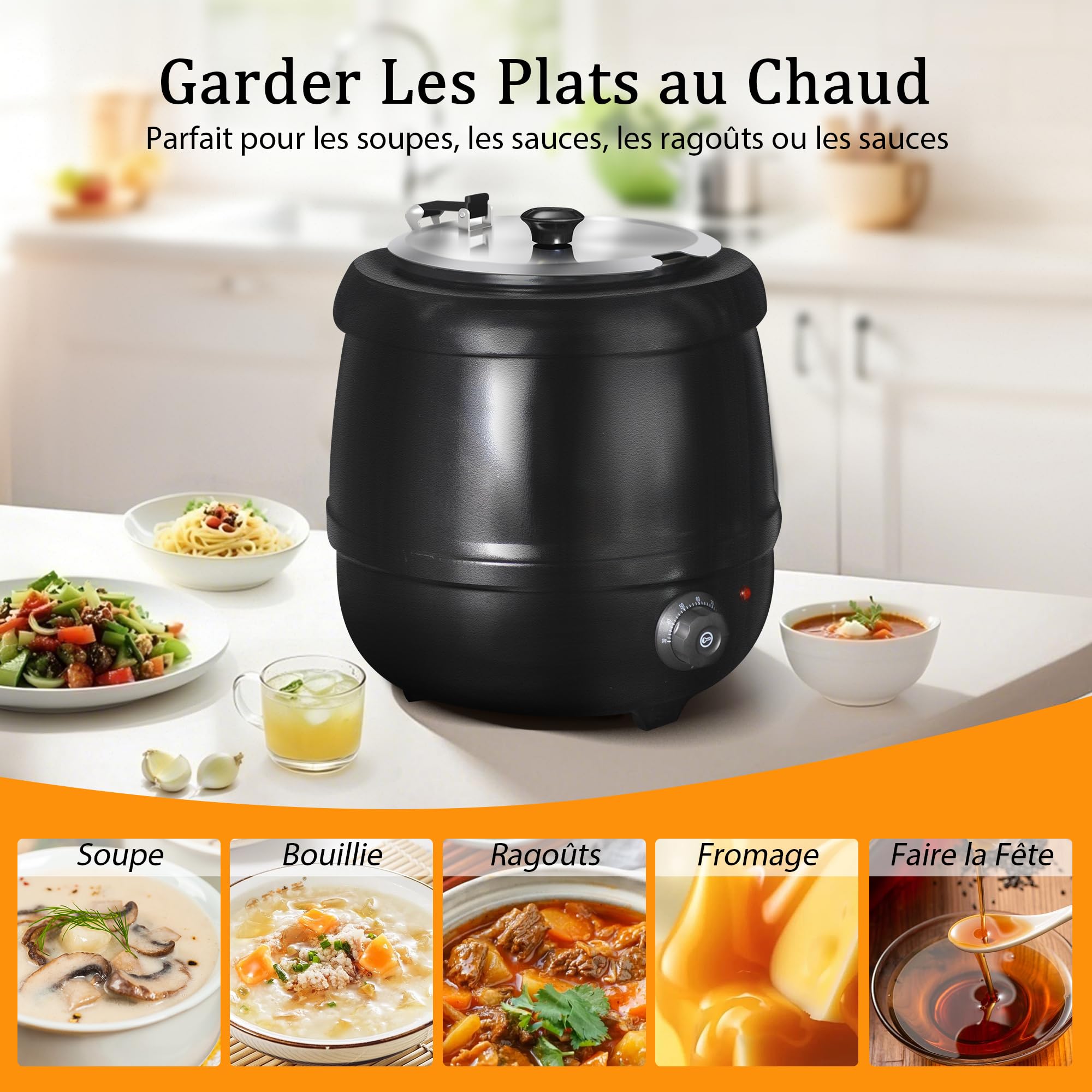 Hakka Marmite à Soupe Électrique10L, Chauffe-Soupe avec Couvercle à Charnière, Marmite Amovible en Acier Inoxydable, Température Réglable de 30 à 85 °C, Pour Restaurant, Buffet et Traiteur.