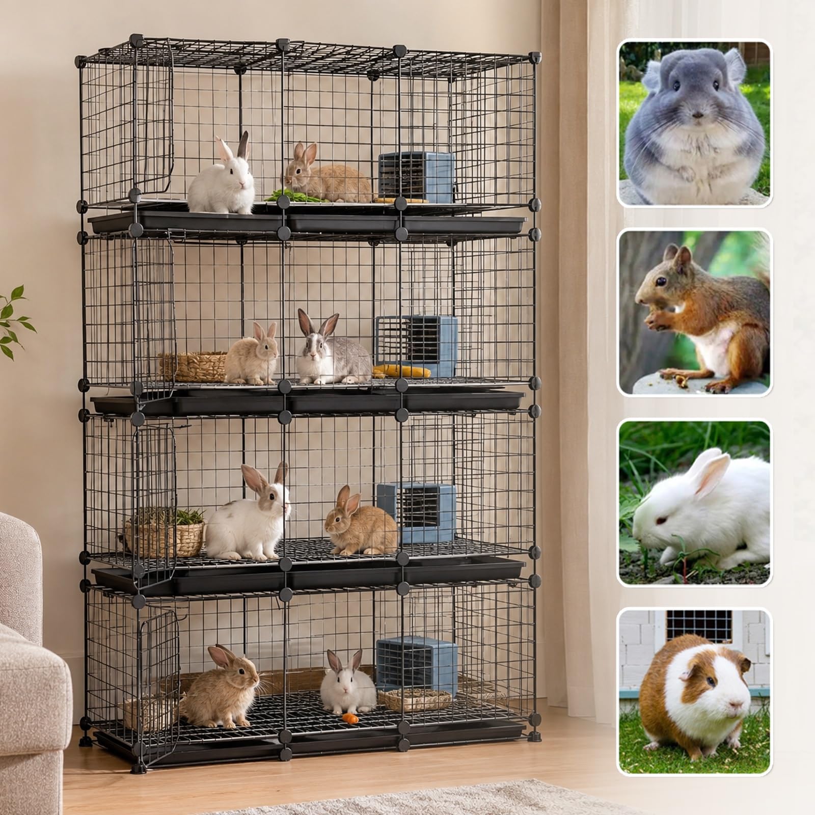 Jaula para Conejos Interior 4 Niveles, Recinto Metálico para Pequeños Animales