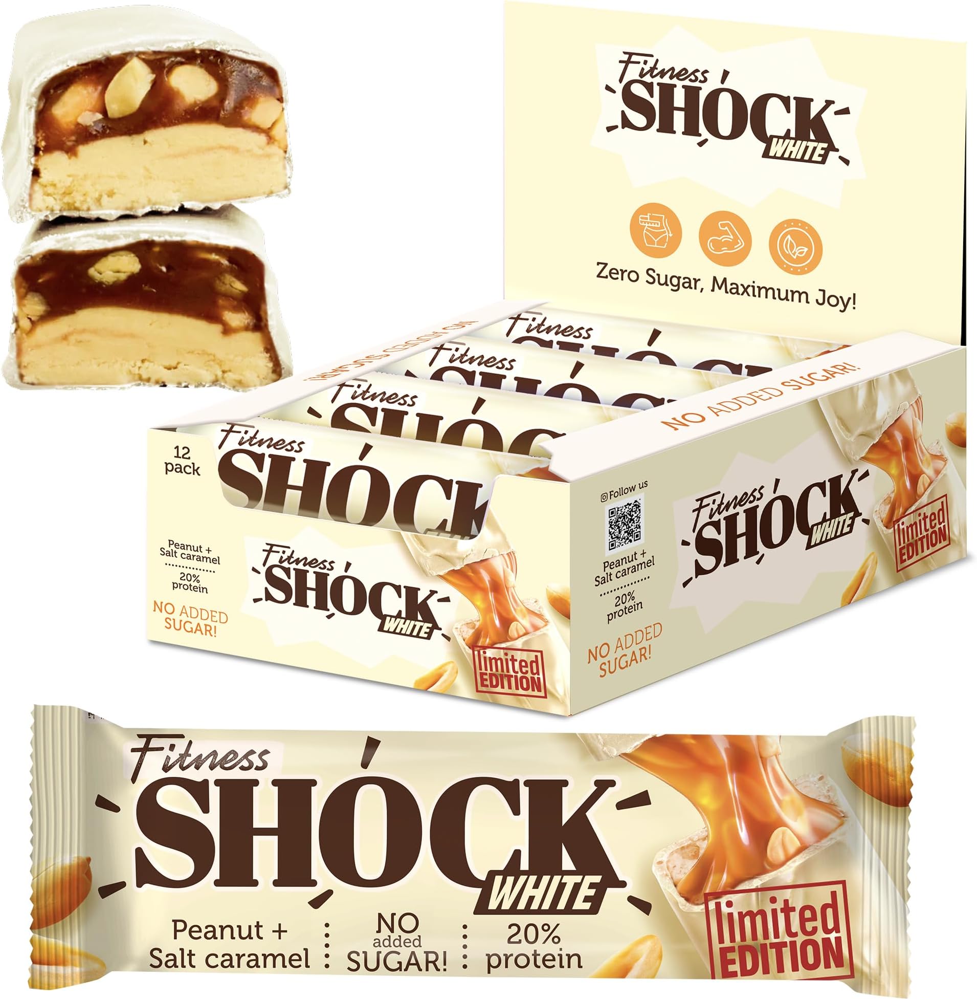 Fitnesshock Protein Bars White Chocolate Low Carb, High Fiber – No Added Sugar, Soft Texture with Crunchy Peanuts | Salted Peanut Caramel | 12x50g