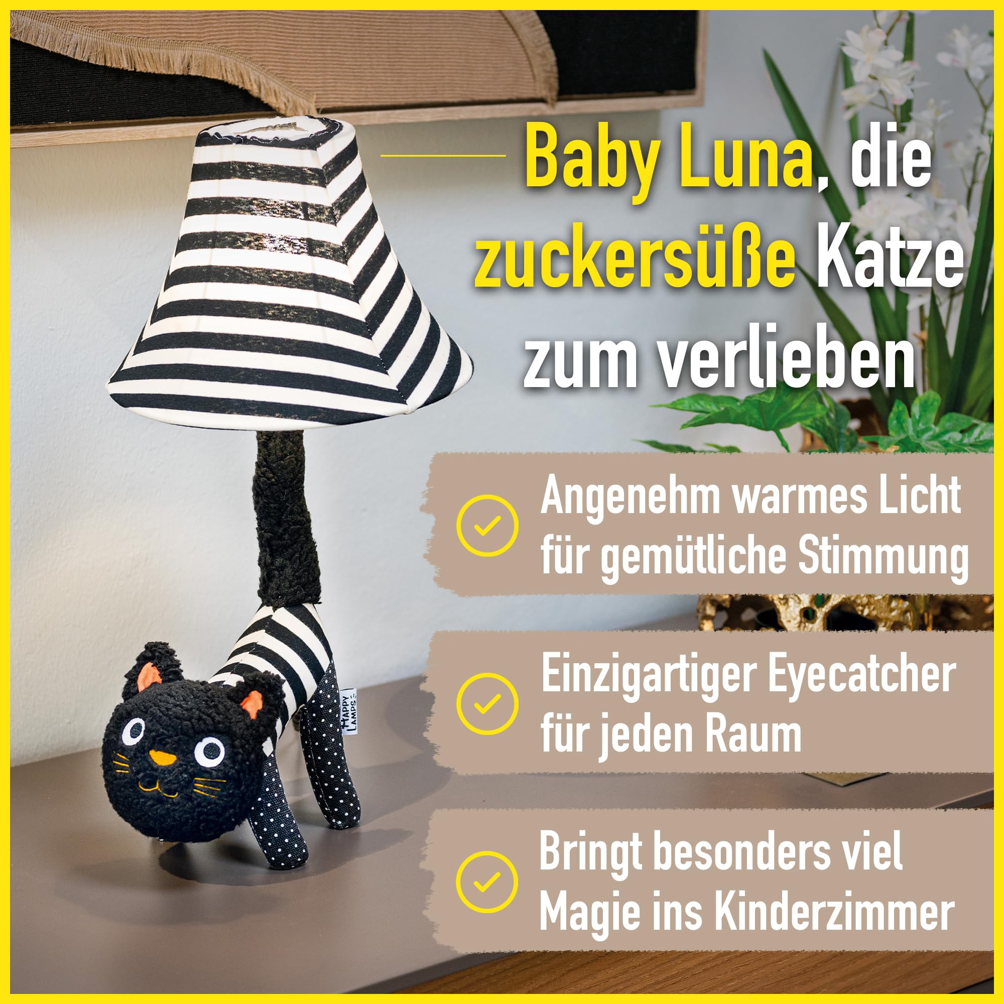 Happy Lamps Baby Luna Katze LED-Tischlampe 48 cm, Kinderzimmer Deko | handgefertigt, kindersicher, ideal fürs Kinderzimmer, Geschenkidee