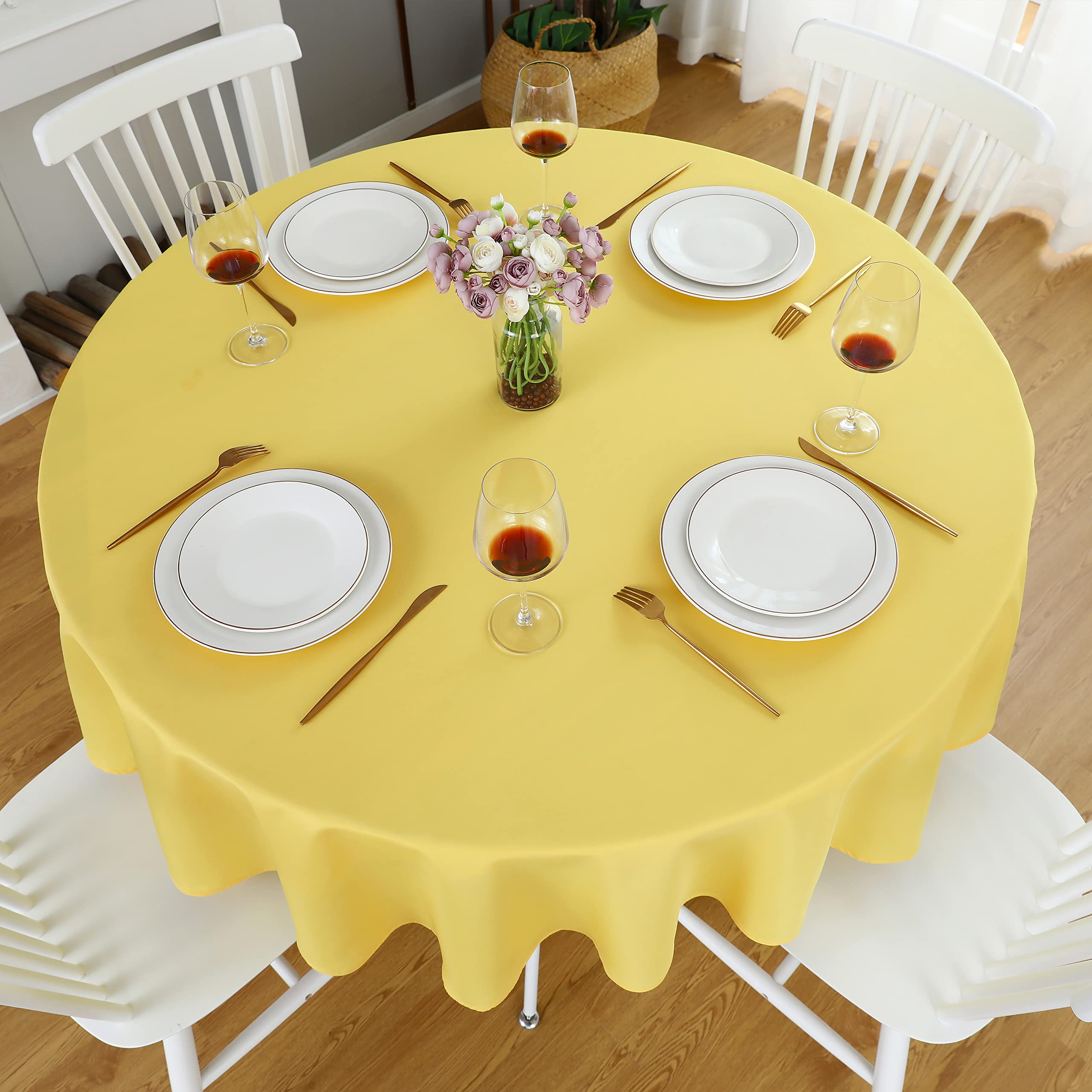 FOLINS&HOME Mantel redondo amarillo de 48 pulgadas, impermeable, resistente, sin arrugas, tela de poliéster, lavable, a prueba de derrames, para fiestas, camping, picnic, banquetes, uso en interiores