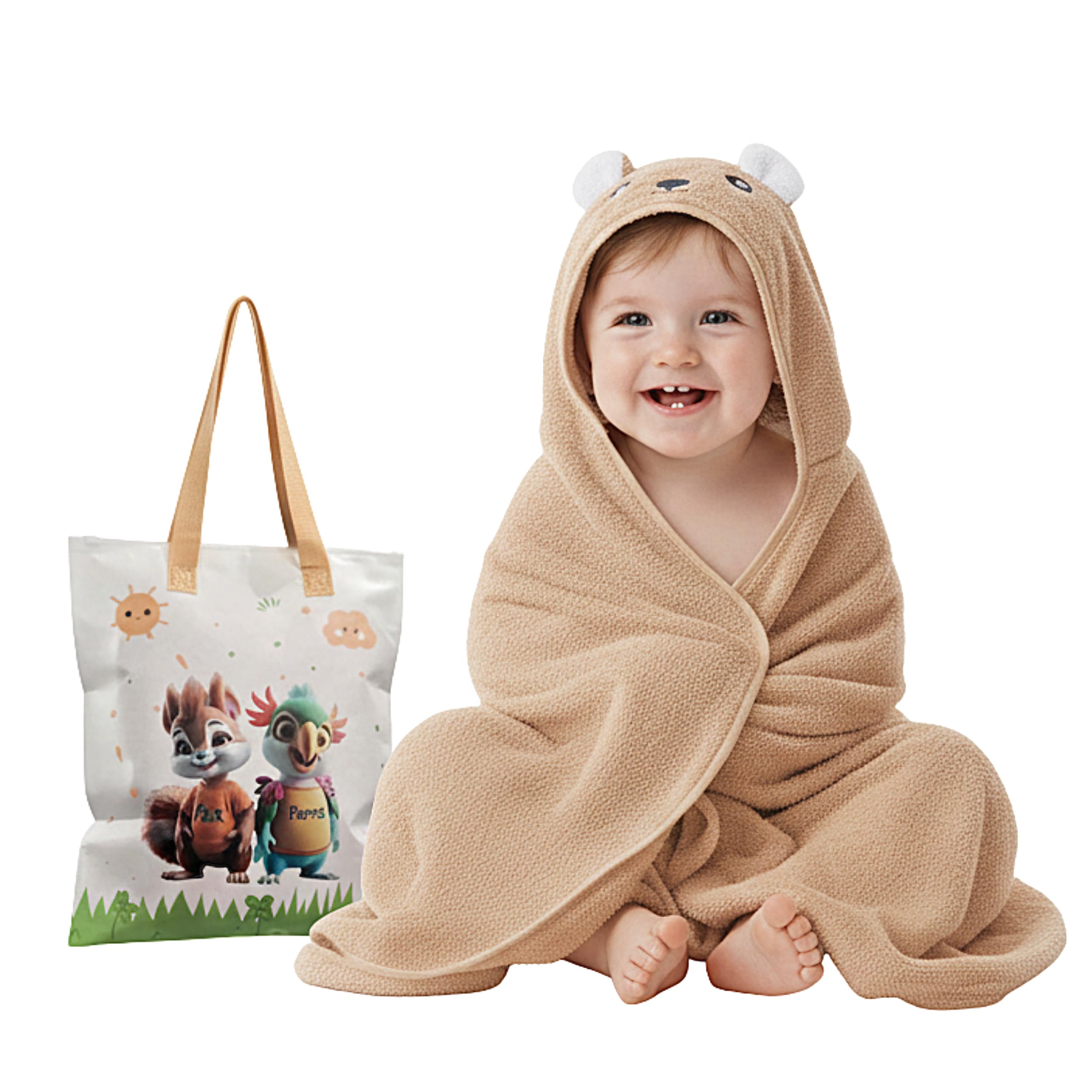 Ultra-Soft Baby Hooded Towel | 4 Characters Stickers for Baby |100% Cotton, Hypoallergenic & Super Absorbent Bath Wrap for Newborns & Toddlers | Cute Animal Design, (0-5Years) (Light Brown)-image-10