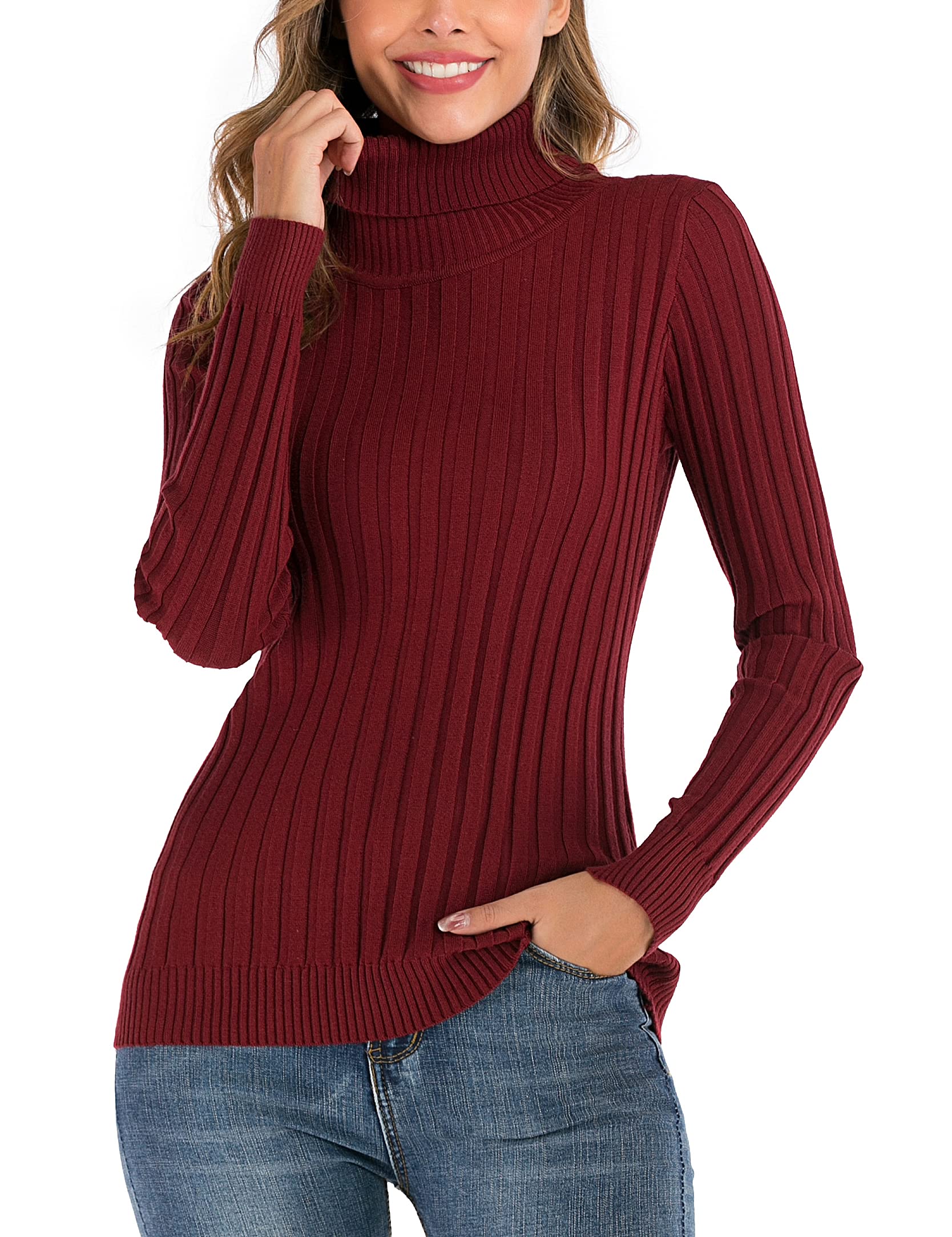Enjoyoself Women's A-Wine Red Turtleneck Sweater Winter Jumper Long Sleeve Pullover Knit Ribbed Sweater Knitwear Tops