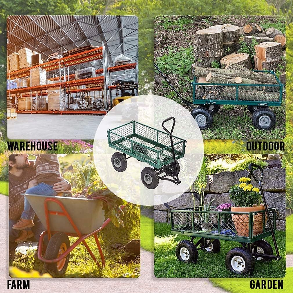 HHS Garden Cart Yard Dump Wagon Lawn Utility Heavy Duty Outdoor Steel Beach with 4 Wheels and Removable Sides for Camping Picnic, 650 lbs Capacity, Green…, Collapsible Folding