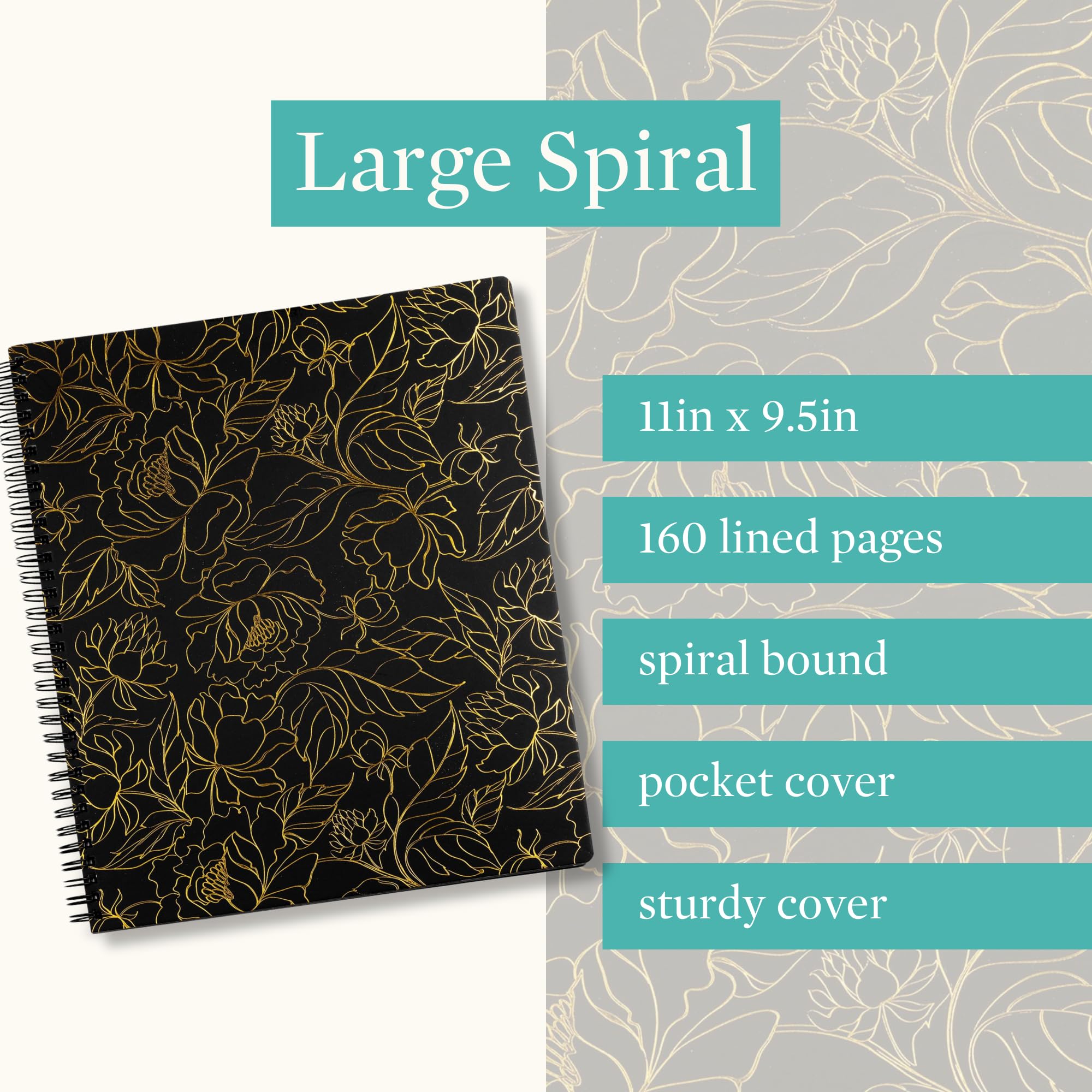 Steel Mill & Co Cute Large Spiral Notebook College Ruled, 11" x 9.5" with Durable Hardcover and 160 Lined Pages (Gold Floral) - Image 2
