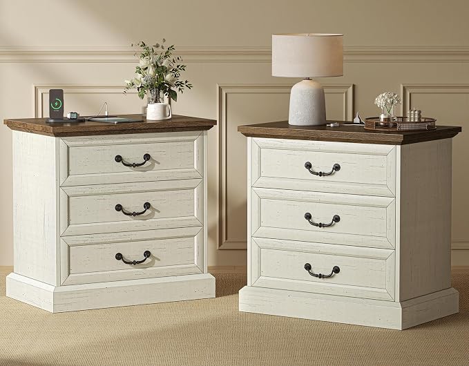 Huuger Nightstand with Charging Station, 3 Drawer Night Stand Set of 2, 22 Inch Wider Side Table with Storage, Farmhouse Nightstand with Vintage Handles, Thicken Base, for Bedroom, Distressed White