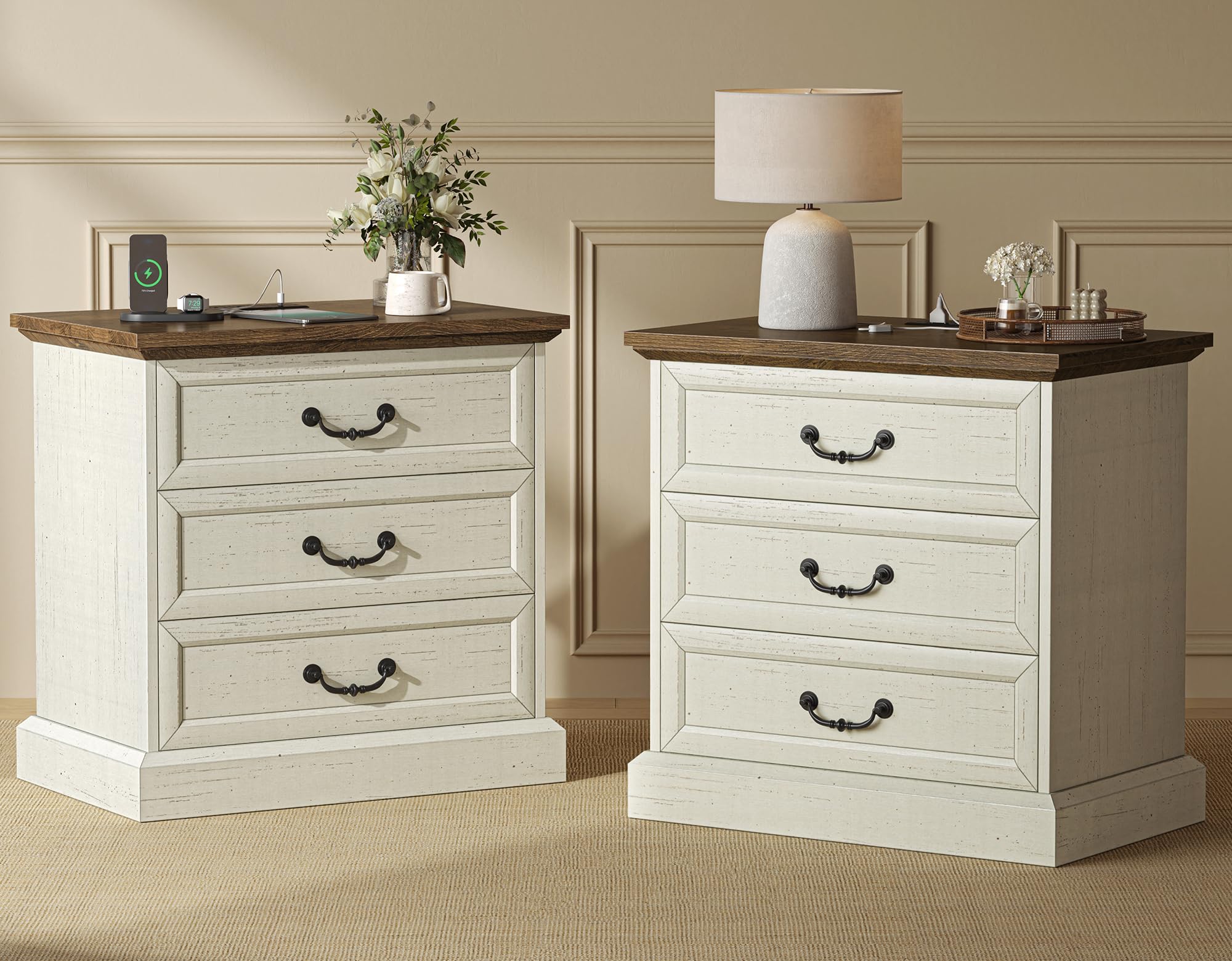 Huuger Nightstand with Charging Station, 3 Drawer Night Stand Set of 2, 22 Inch Wider Side Table with Storage, Farmhouse Nightstand with Vintage Handles, Thicken Base, for Bedroom, Distressed White