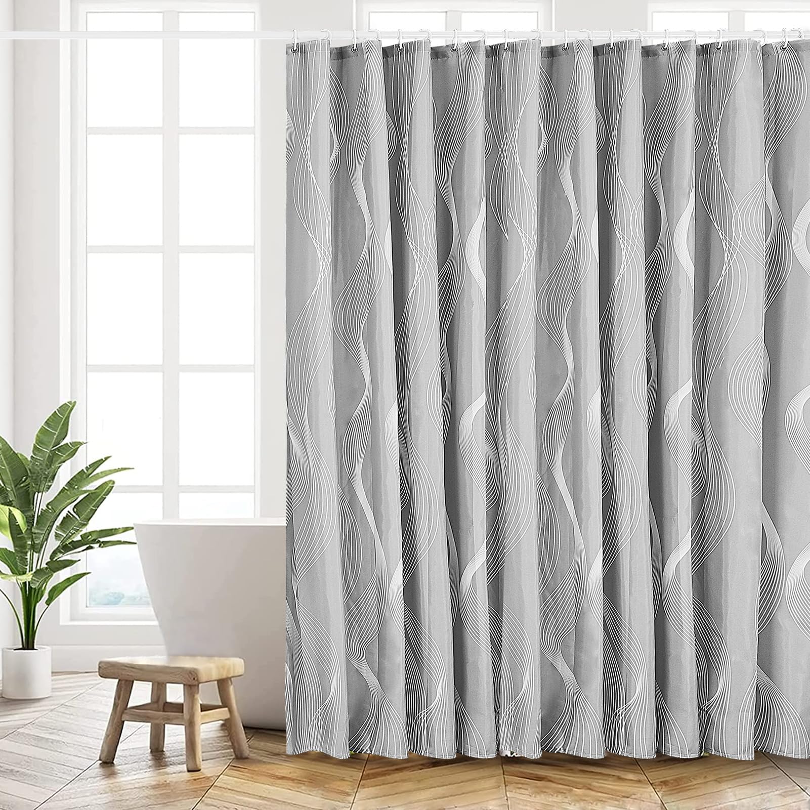 HANFU Duschvorhang, Duschvorhänge Polyester 180 x 200 cm Waschbar, Shower Curtains mit ösen und 12xDuschringen, Beschwerter Saum, Badewanne Vorhang Schnell Trocknend für Badezimmer, Graue Kurve