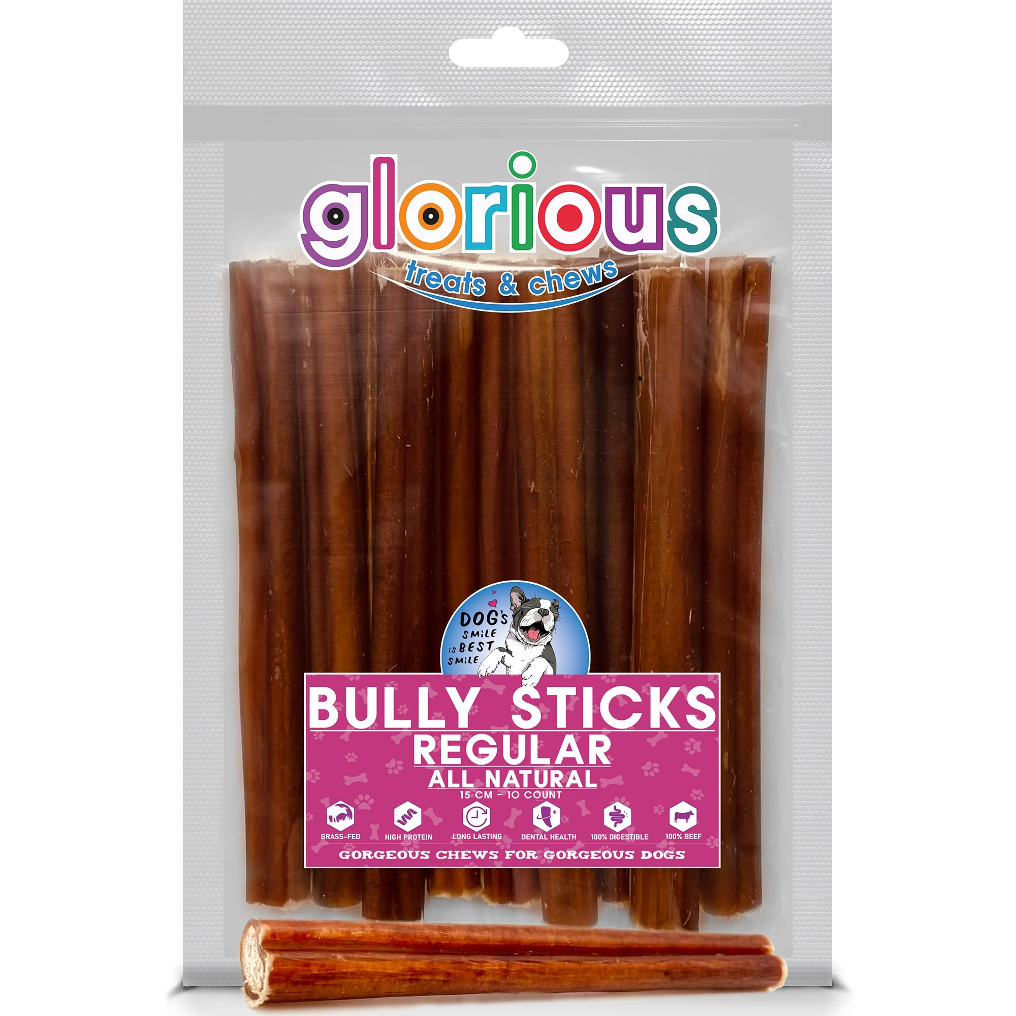 Premium Regular Bully Sticks for Dogs - 15 cm, 10 Count - All-Natural, Beef Pizzle Sticks for Puppies to Large Dogs, Dental Chew Treats for Healthy Teeth