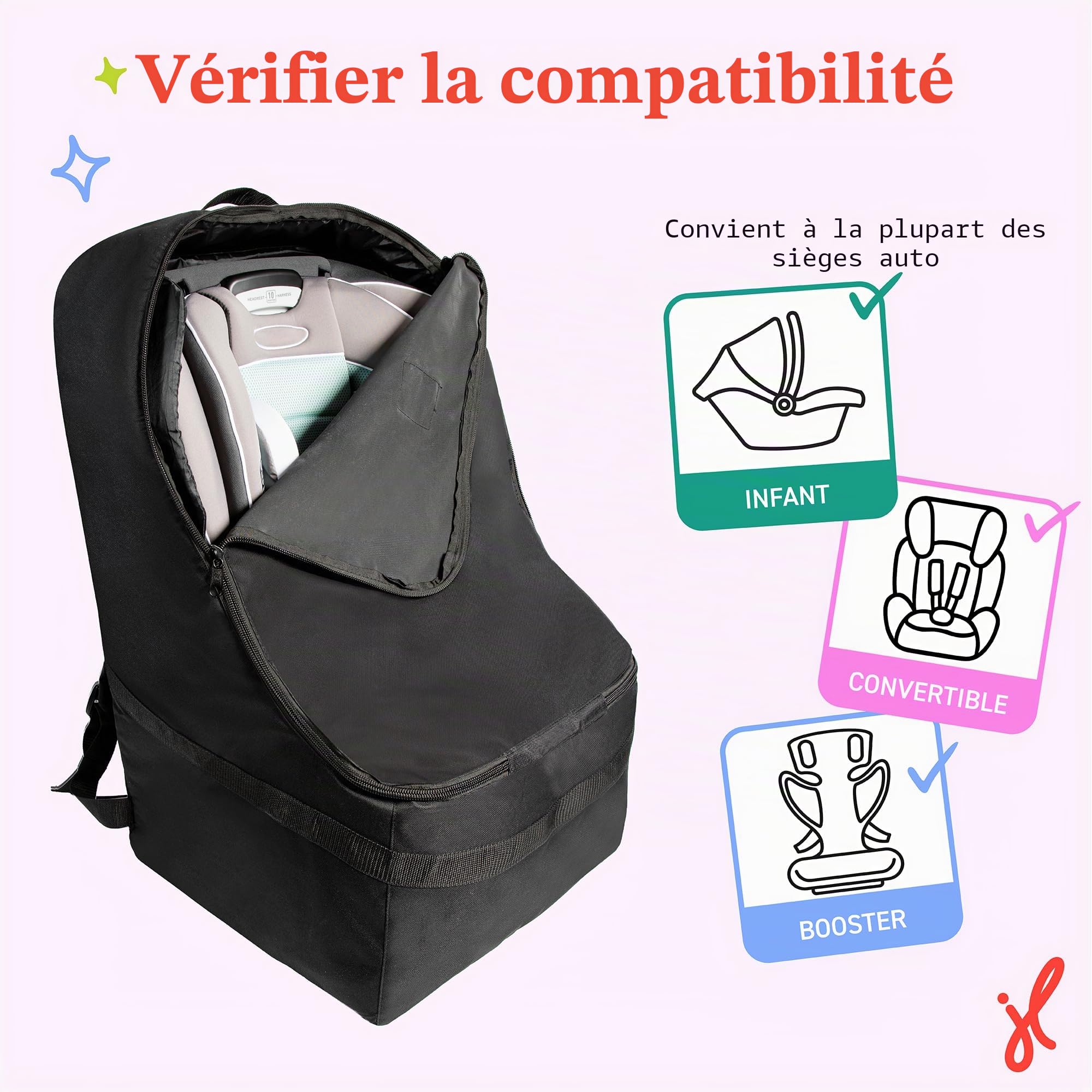 J.L. Childress Sac à Dos rembourré pour siège de Voiture – Sac de Voyage pour siège de Voiture pour Avion, Housse Compatible avec la Plupart des Porte-bébés et Nourrissons, Accessoires d'aéroport