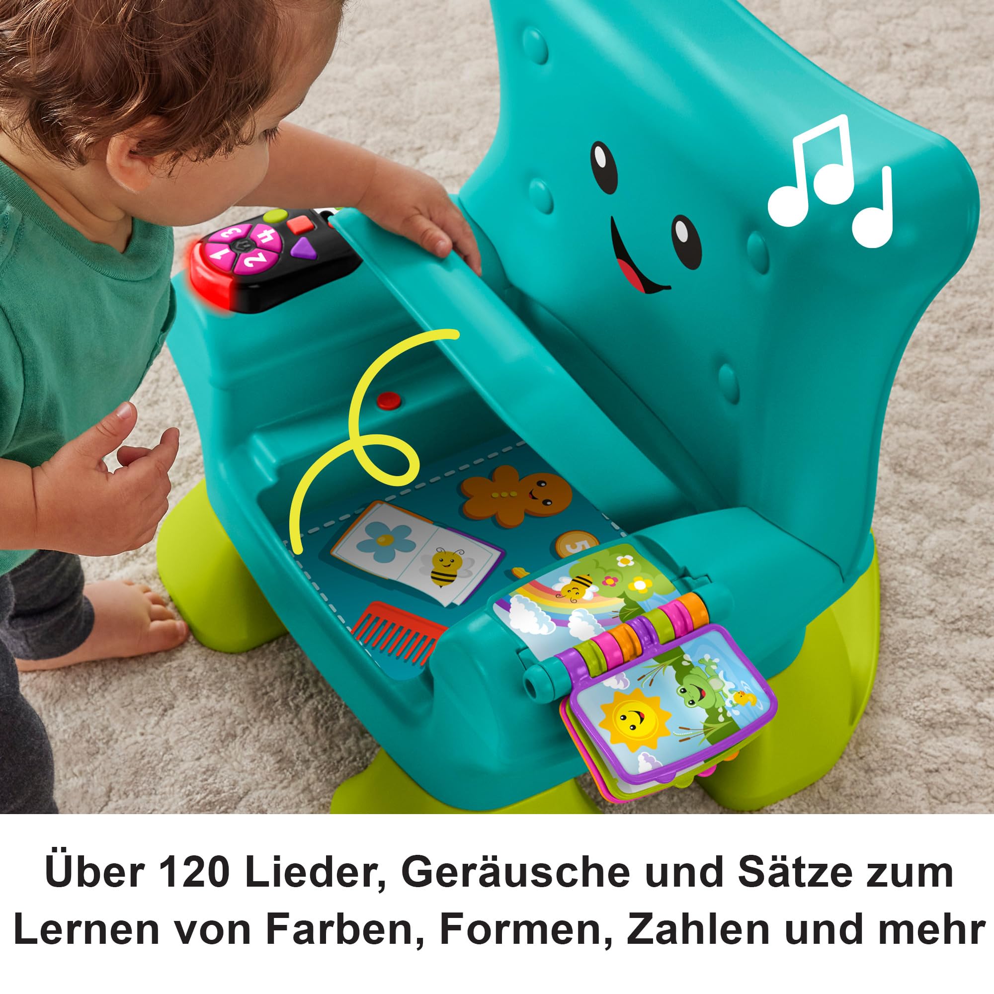 Fisher-Price Lernspaß, Lernspielzeug für Kleinkinder, Lernspaß-Stuhl, türkisfarben, mit Musik und verschiedenen Aktivitäten für Kinder ab 1 Jahr, Englisch (UK), Französisch, Deutsch Version, HYR97