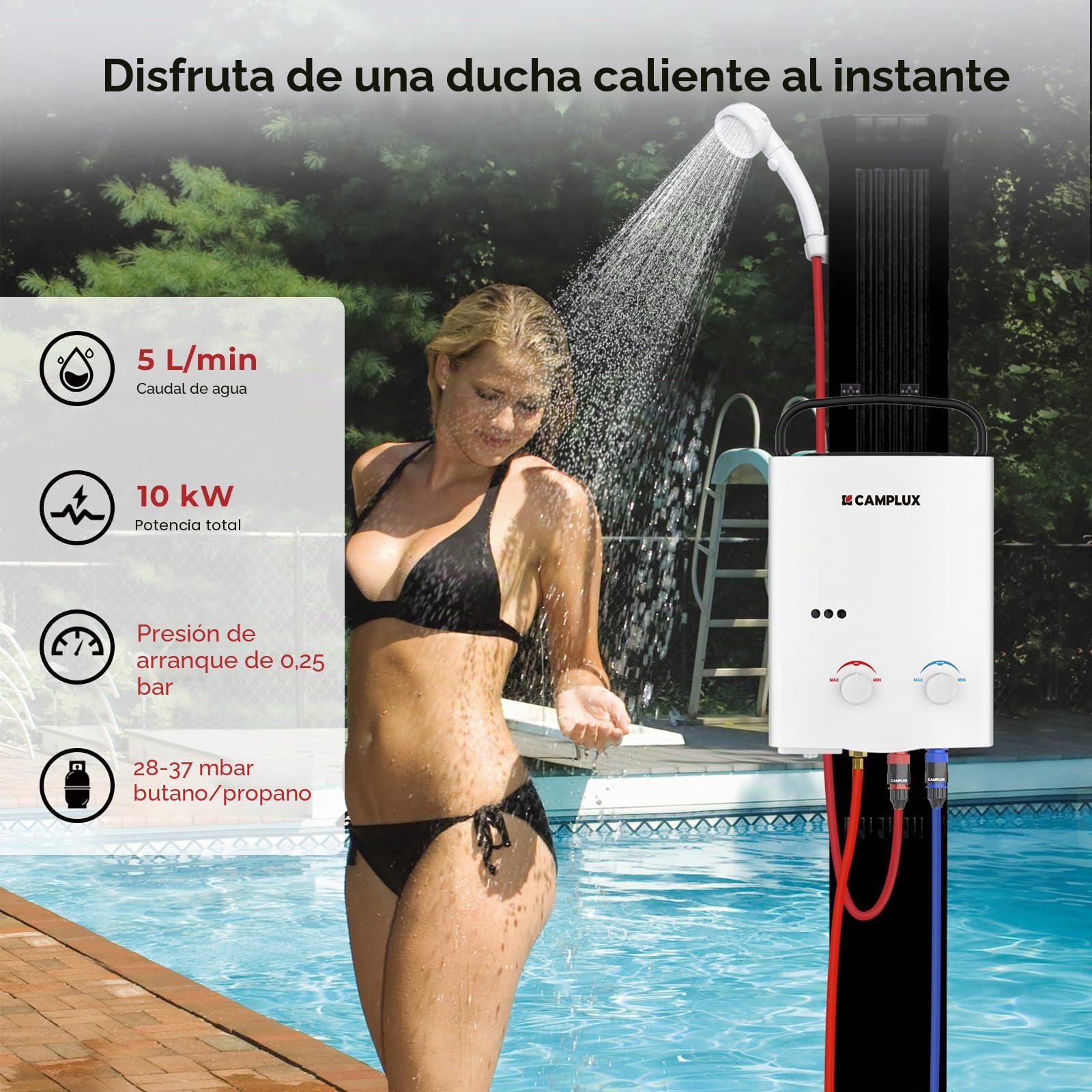Camplux AY132N Calentador de Agua a Gas de 5 Litros, Portátil Ducha al Aire Libre para Camping, RV, Lavar Caballos Imagen del producto 3
